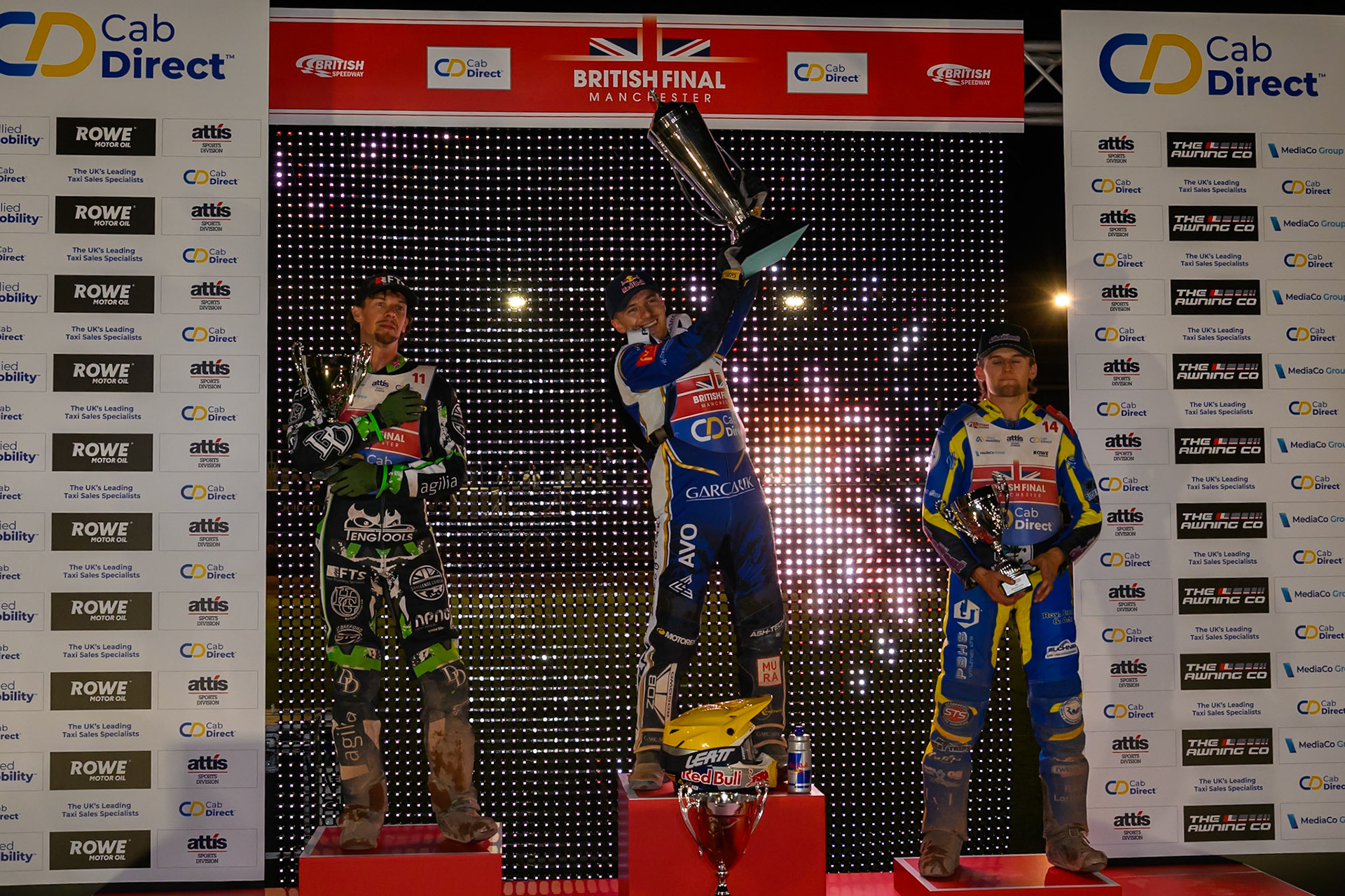 Top3: (L to R)  Charles Wright (2nd), Robert Lambert (Winner), Leon Flint (3rd) during the Cab Direct British Speedway Championship Final at the National Speedway Stadium, Manchester on Saturday 15th August 2026. (Photo: Ian Charles | MI News)