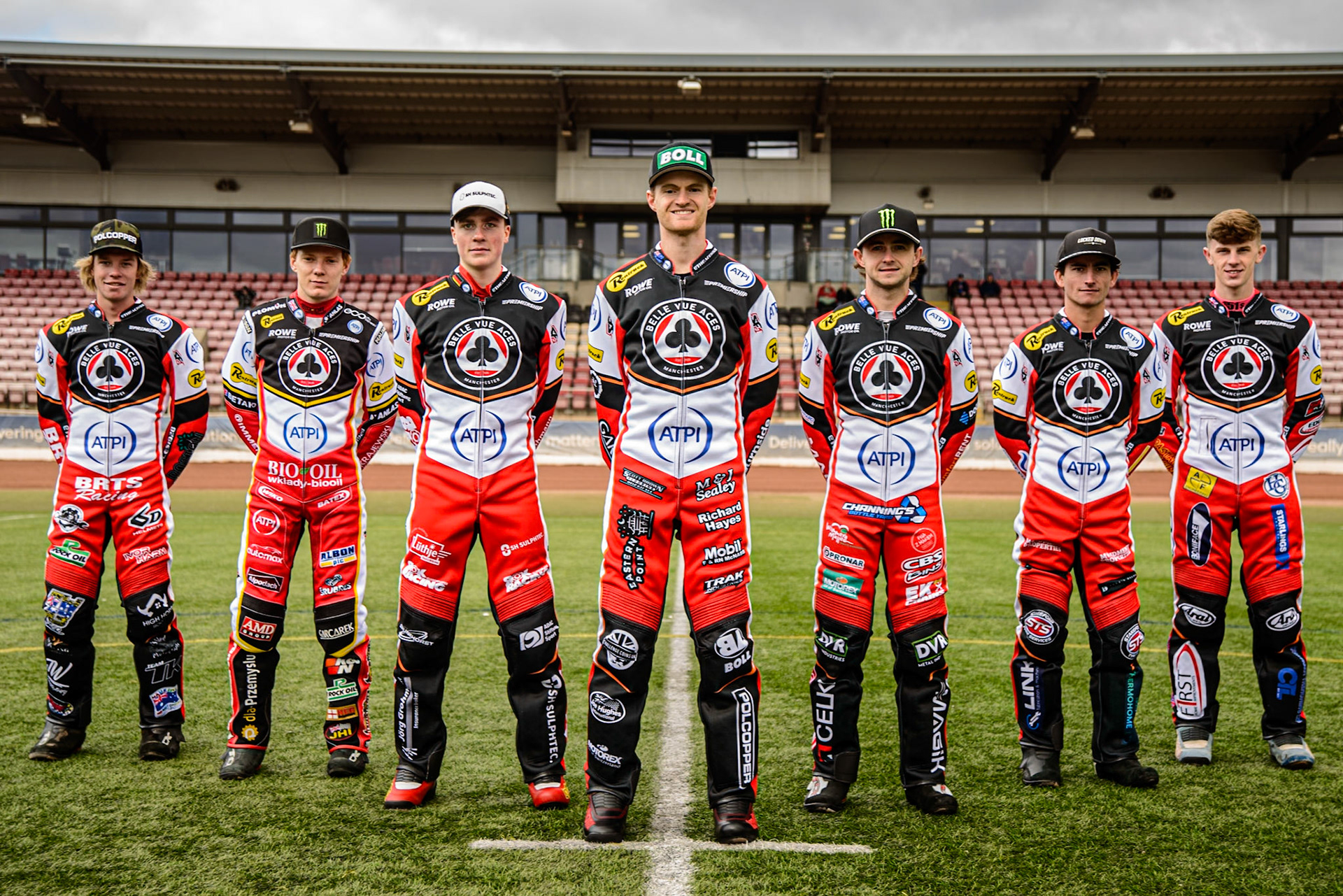 Belle Vue Aces - (L to R) Tate Zischke, Dan Bewley, Norick Blödorn, Brady Kurtz, Jaimon Lidsey’ Zack Cook, Jake Mulford during the Belle Vue Aces Media Day at the National Speedway Stadium, Manchester on Wednesday 12th March 2025. (Photo: Ian Charles | MI News)