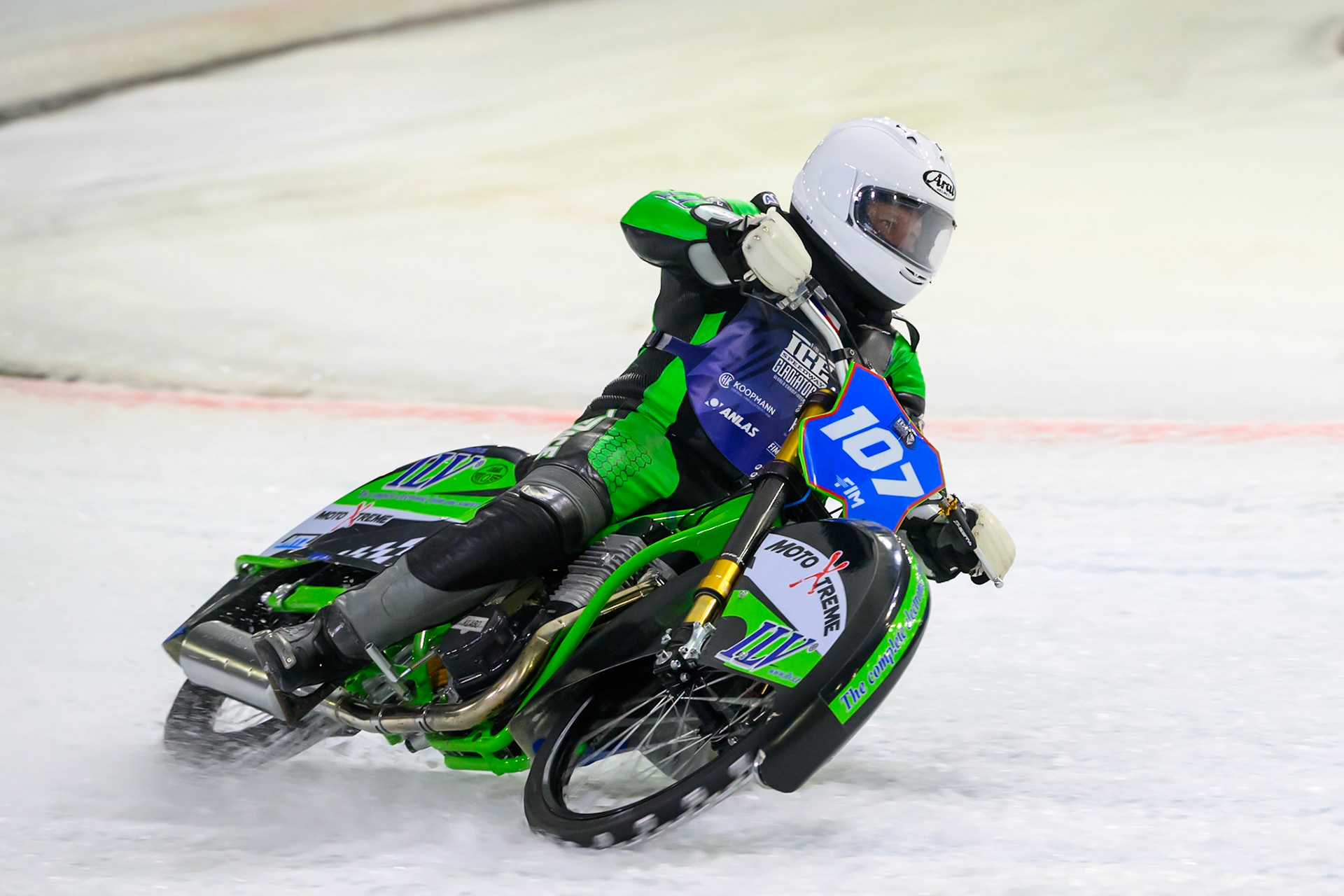 Adrej Divis (107) of Czechia practices during practice for the FIM Ice Speedway Gladiators World Championship Final 3 at Ice Rink Thialf, Heerenveen on Saturday 11th April 2026. (Photo: Ian Charles | MI News)