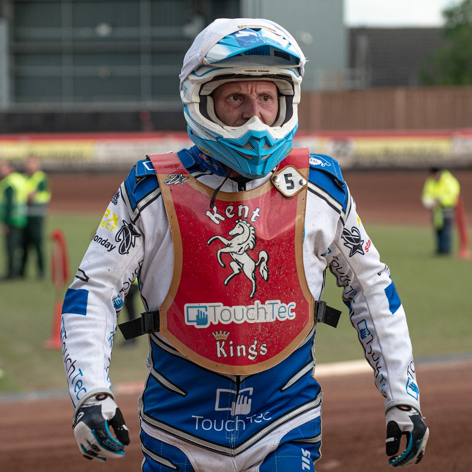 Photo: Ian Charles

Rob Ledwith  walks back to the pits after his heat

Belle Vue Colts v Kent Kings, SGB National League KO Cup Quarter Final 1st Leg, Belle Vue National Speedway Stadium, Manchester, Thursday 20  June  2019