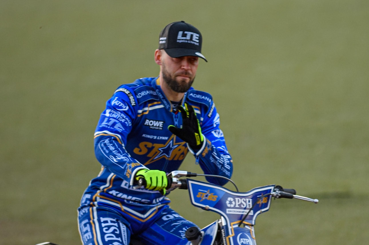 Nicolai Klindt of Kings Lynn Stars on the parade lap during the Rowe Motor Oil Premiership match between Belle Vue Aces and King's Lynn Stars at the National Speedway Stadium, Manchester on Monday 5th April 2025. (Photo: Ian Charles | MI News)