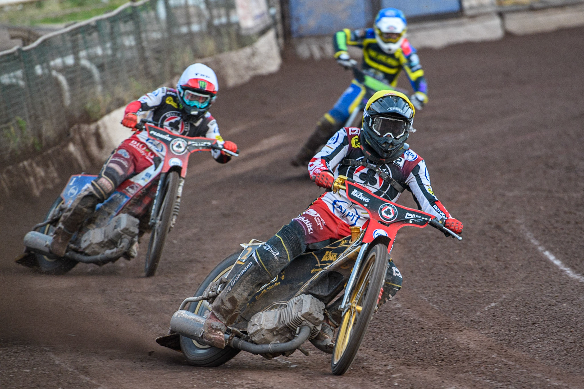 Norick Blodorn (Yellow) leads Dan Bewley (White) and Josh Pickering (Blue) during the Sports Insure Premiership match between Sheffield Tigers and Belle Vue Aces at Owlerton Stadium, Sheffield on Thursday 20th July 2023. (Photo: Ian Charles | MI News)