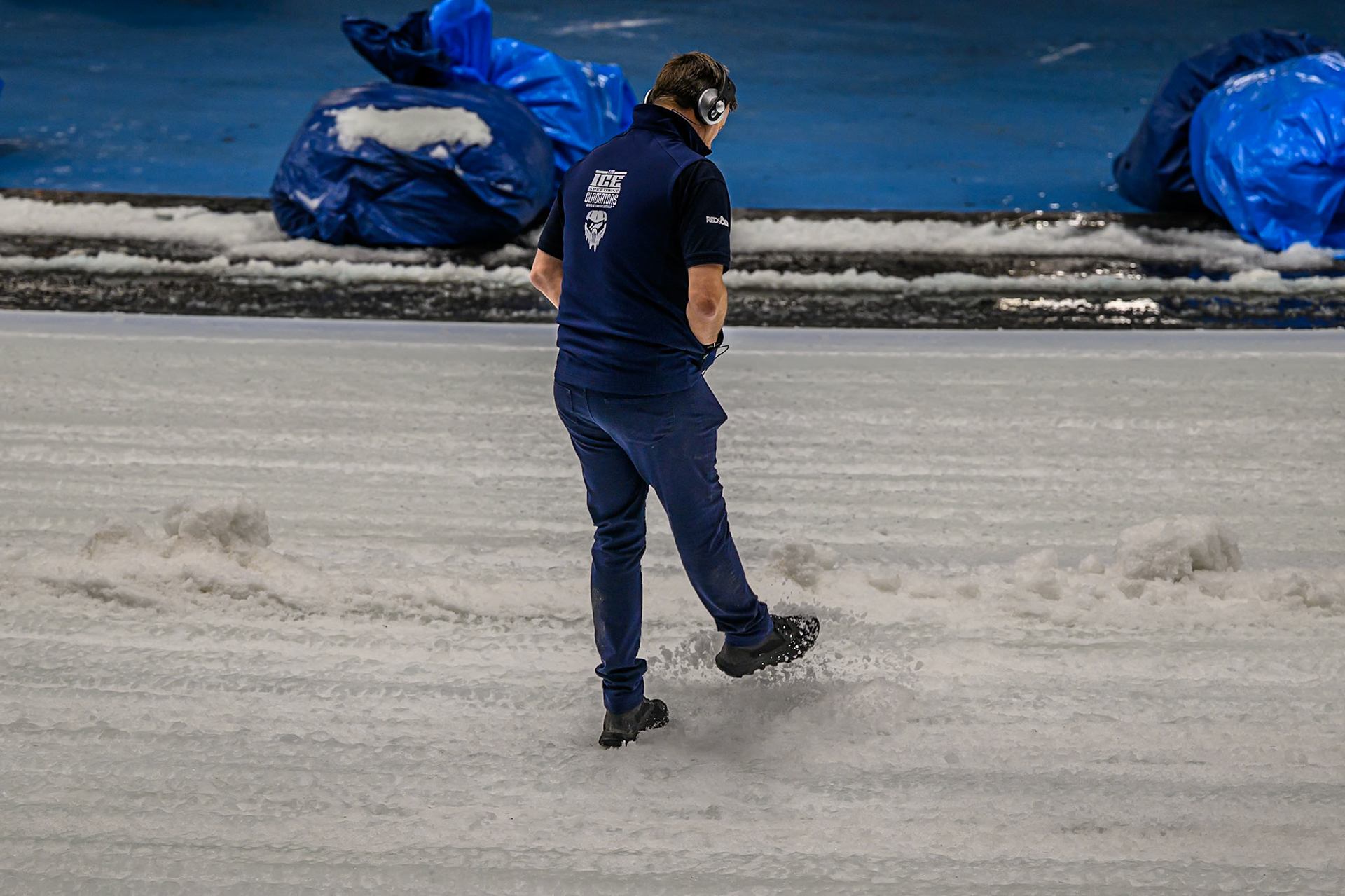 Race Director Phil Morris inspects the track during the Ice Speedway Gladiators World Championship Final 1 at Max-Aicher-Arena, Inzell on Saturday 14th March 2026. (Photo: Ian Charles | MI News)