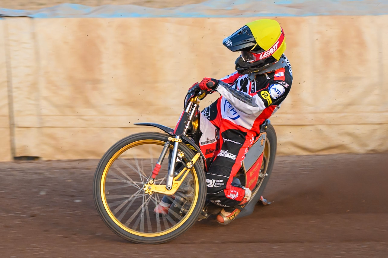 Norick Blodorn of Belle Vue Aces  in action during the Rowe Motor Oil Premiership match between Northampton Foxes and Belle Vue Aces at Northampton International Shaleway, Northampton on Thursday 13th August 2026. (Photo: Ian Charles | MI News)