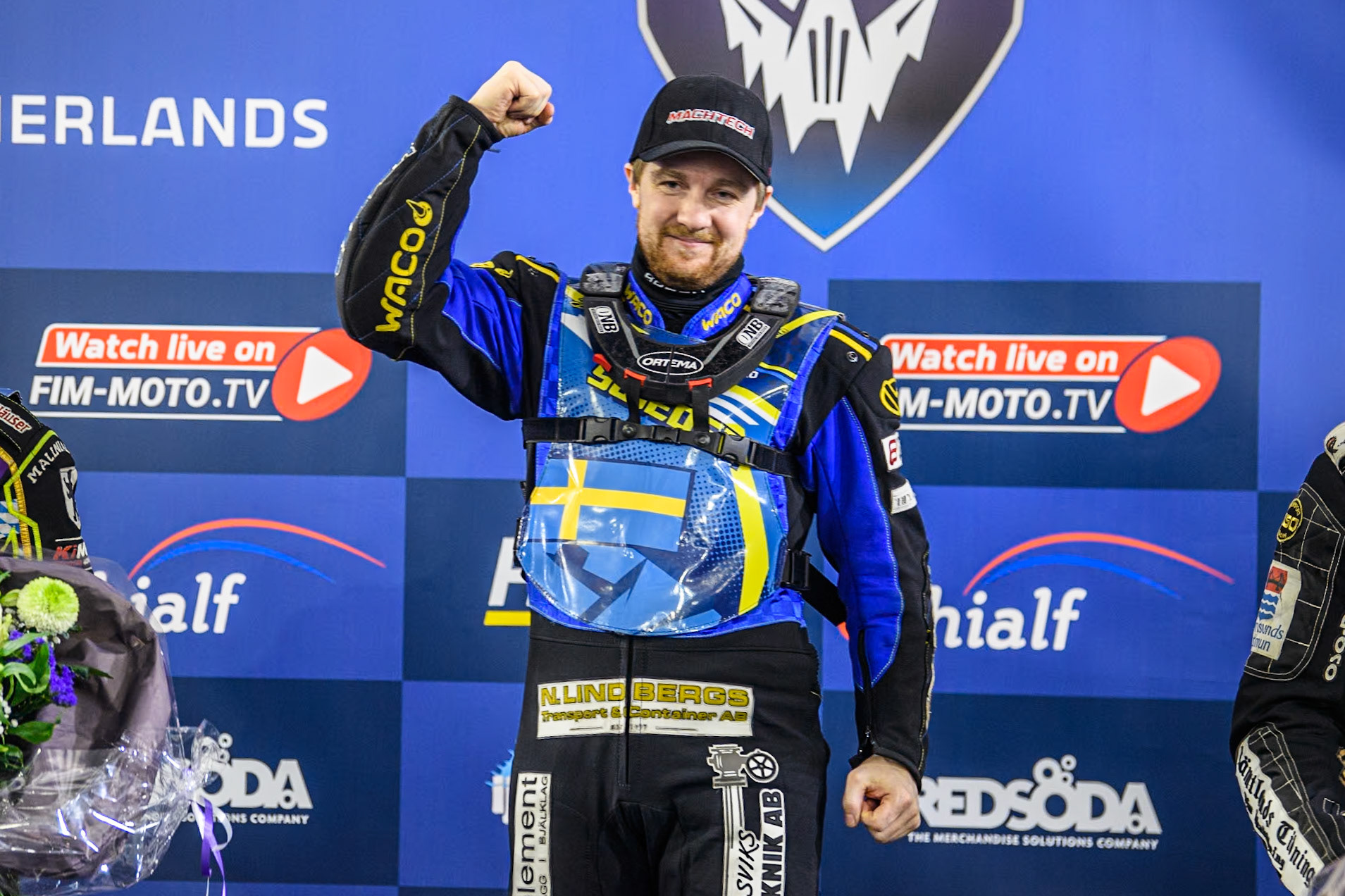 Sweden's Martin Haarahiltunen (199)  celebrates his win during the FIM Ice Speedway Gladiators World Championship Final 3 at Ice Rink Thialf, Heerenveen on Saturday 6th April 2024. (Photo: Ian Charles | MI News)