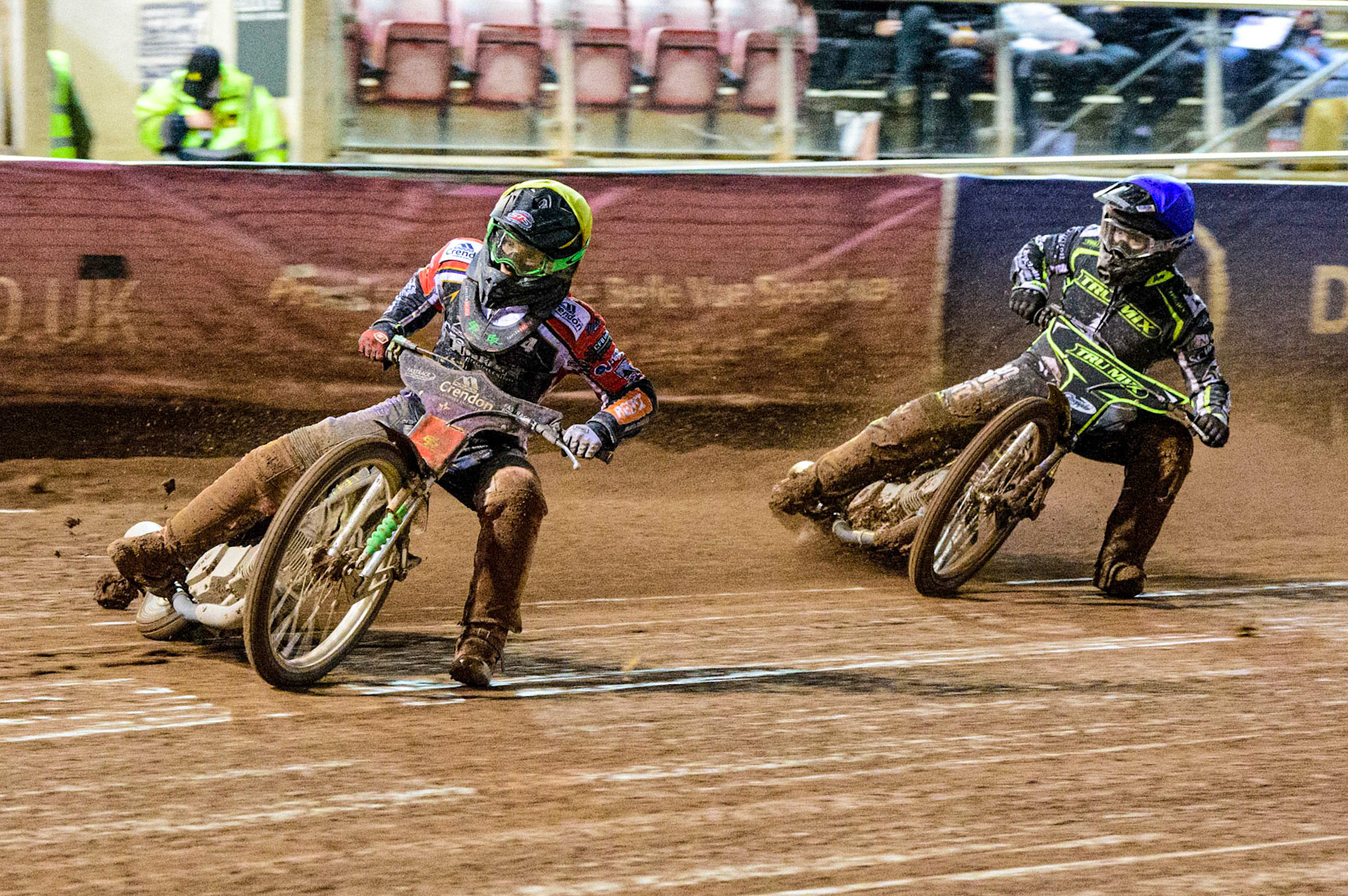 Benjamin Basso (Yellow) leads Erik Riss (Yellow)  during the Grant Henderson Pairs at the National Speedway Stadium, Manchester on Thursday 27th October 2022. (Credit: Ian Charles | MI NEWS)