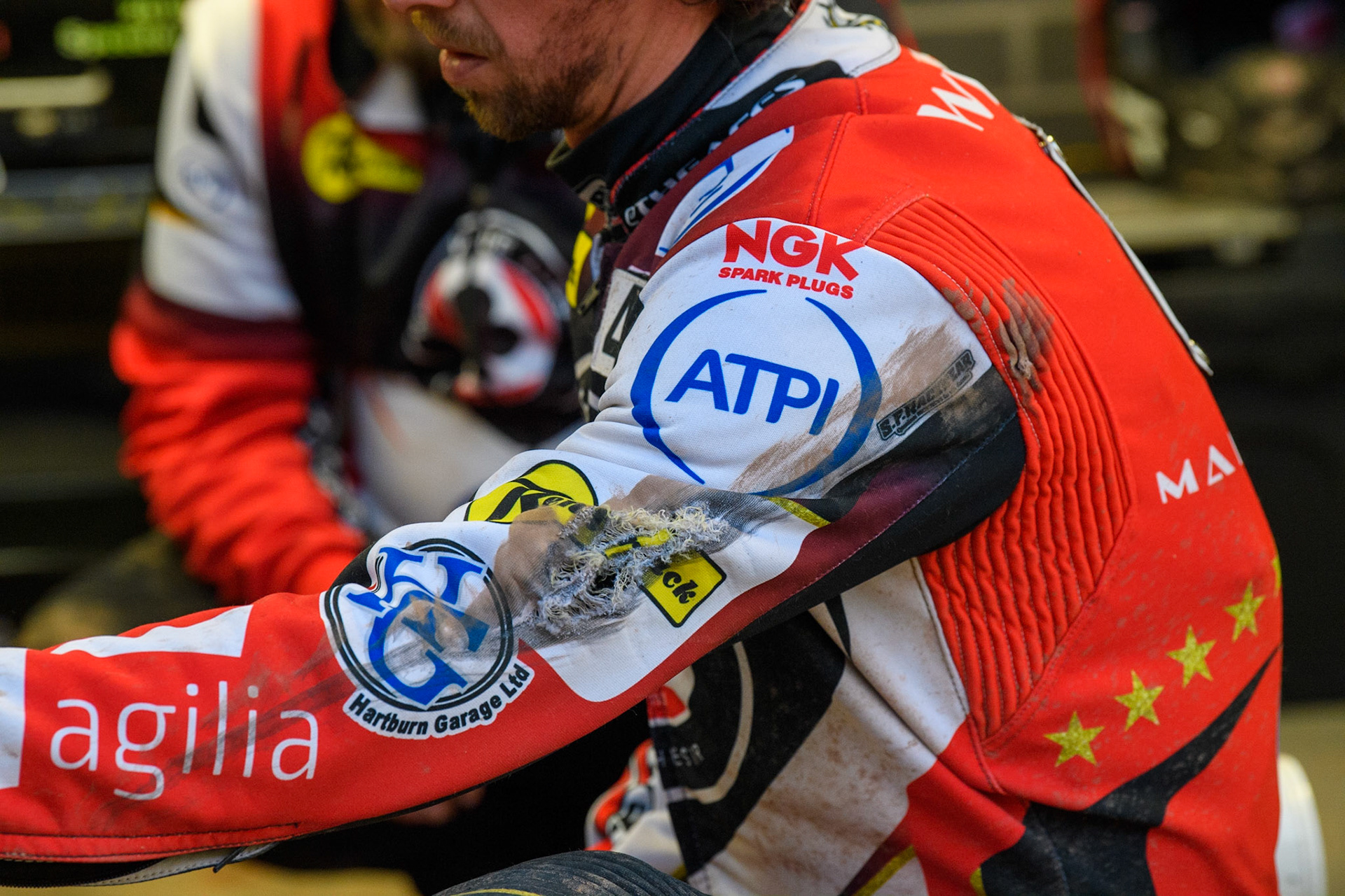 The damage to Charles Wright’s kevlars after his encounter with Zach Cook during the Sports Insure Premiership Knock Out Cup Quarter Final 2nd Leg between Belle Vue Aces and Wolverhampton Wolves at the National Speedway Stadium, Manchester on Thursday 18th May 2023. (Photo: Ian Charles | MI News)