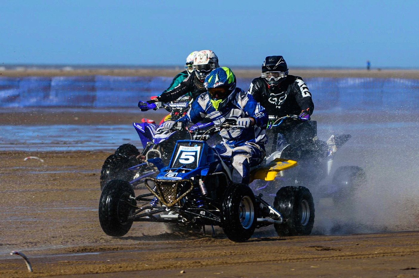 Paul Munnery (5) leads the quad bike pack pack ahead during the Fylde ACU British Sand Racing Masters Championship on  Sunday 2nd October 2022. (Credit: Ian Charles | MI News)