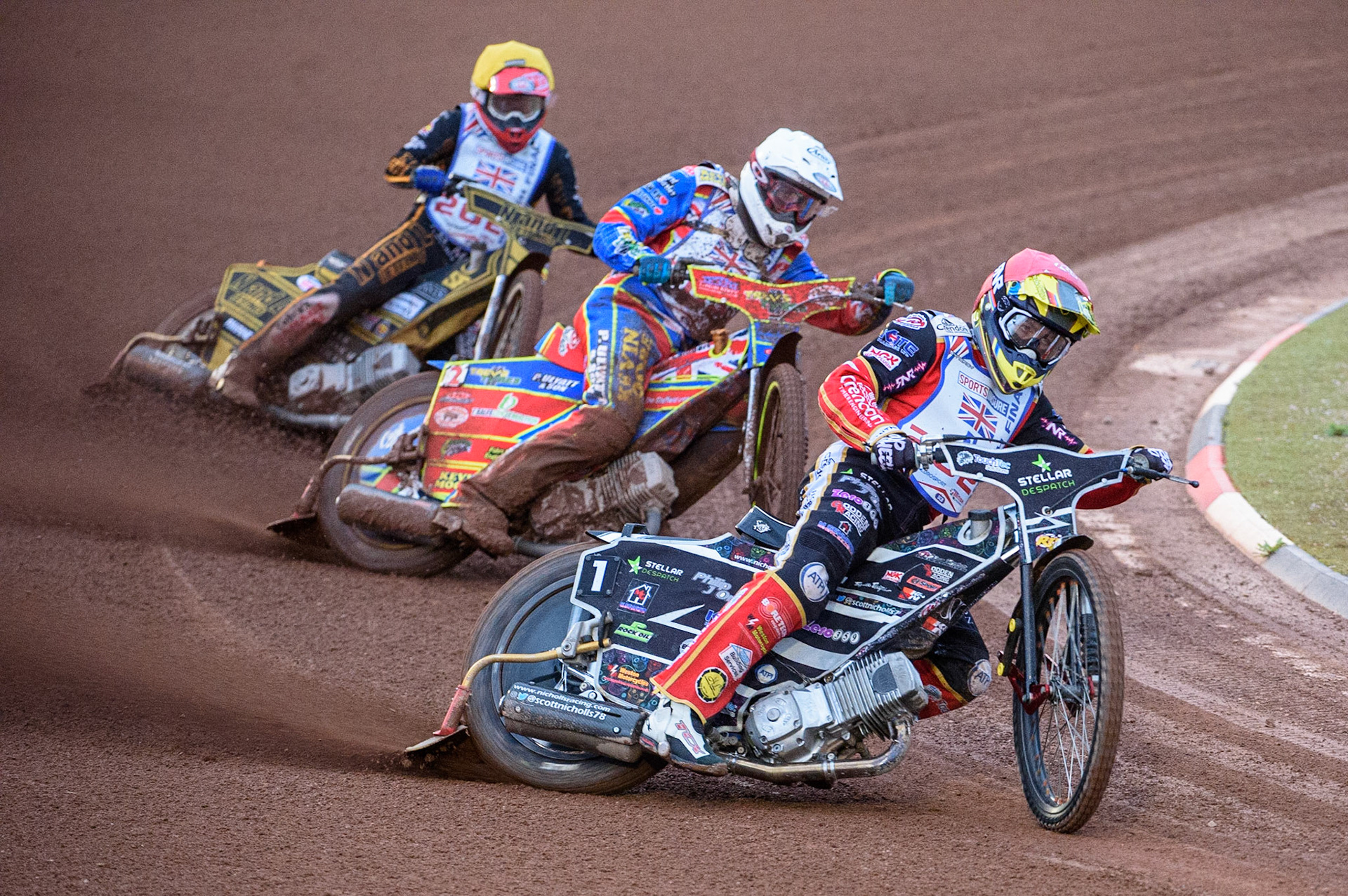 MANCHESTER, UK. AUGUST 16TH   Scott Nicholls  (Red) leads Simon Lambert  (White) and Ben Barker  (Yellow) during the Sports Insure British Speedway Finals at the National Speedway Stadium, Manchester on Monday 16th August 2021. (Credit: Ian Charles | MI News)