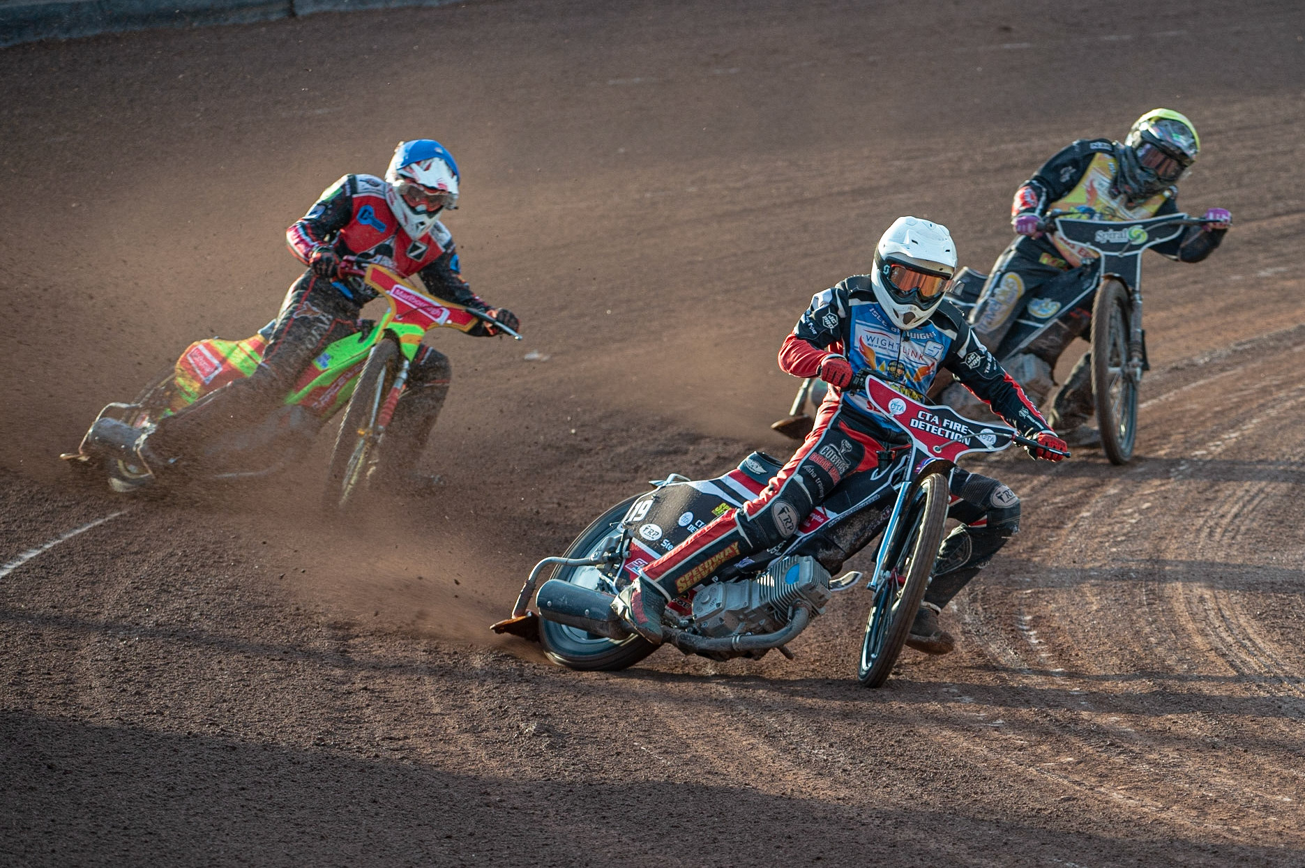 Photo: Ian Charles

Ben Morley  (White) leads Ben Woodhull  (Blue) and Connor King (Yellow)

Belle Vue Colts v Isle Of Wight Warriors, SGB National League KO Cup Quarter Final 1st Leg, Belle Vue National Speedway Stadium, Manchester, Monday 22  July  2019