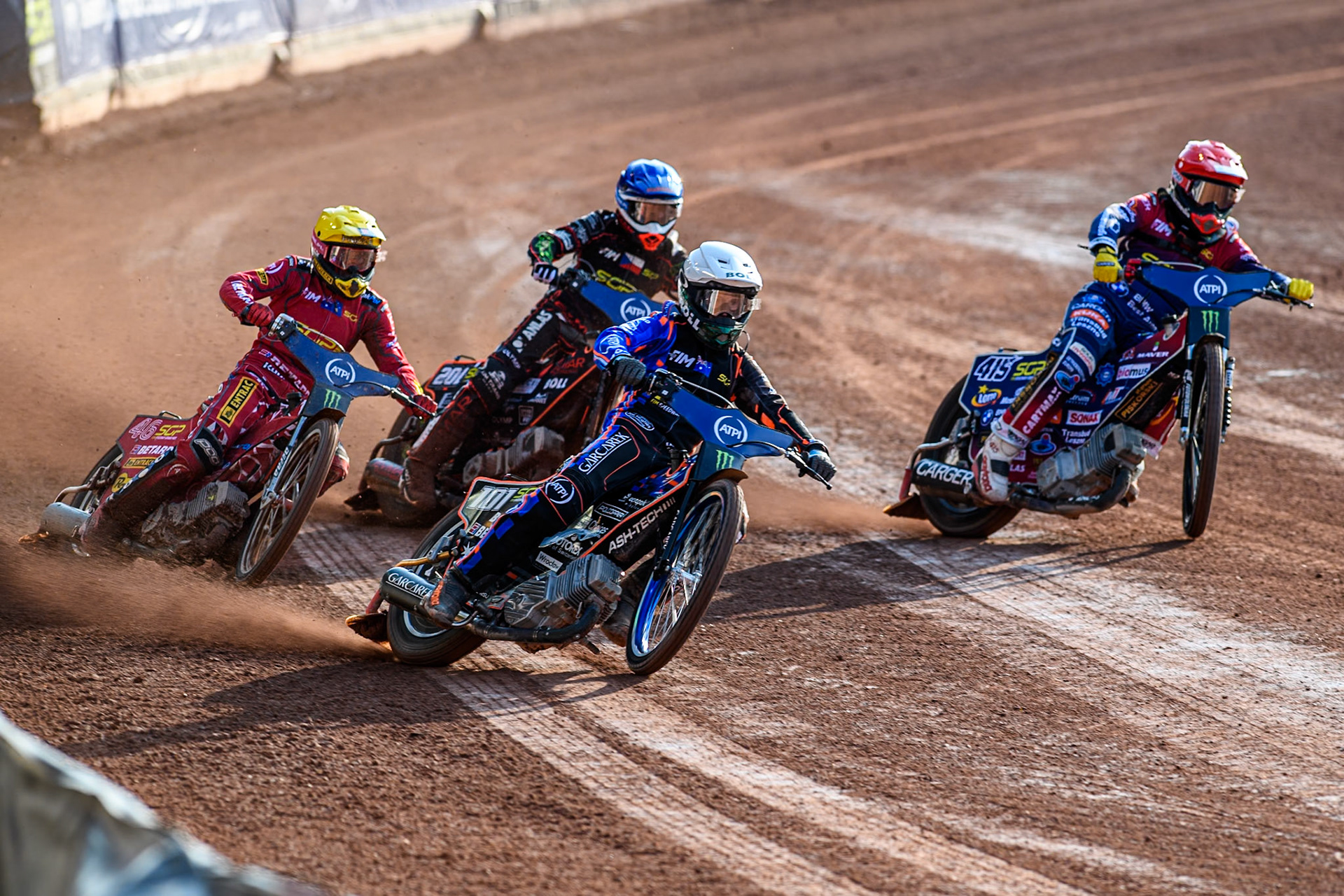 Brady Kurtz (101) of Australia in White rides outside Dominik Kubera (415) of Poland in Red with Max Fricke (46) of Australia in Yellow and January Kvech (201) of Czech Republic in Blue behind during the ATPI FIM Speedway Grand Prix Round 5 at the National Speedway Stadium, Manchester, on Saturday 14th June 2025. (Photo: Ian Charles | MI News)