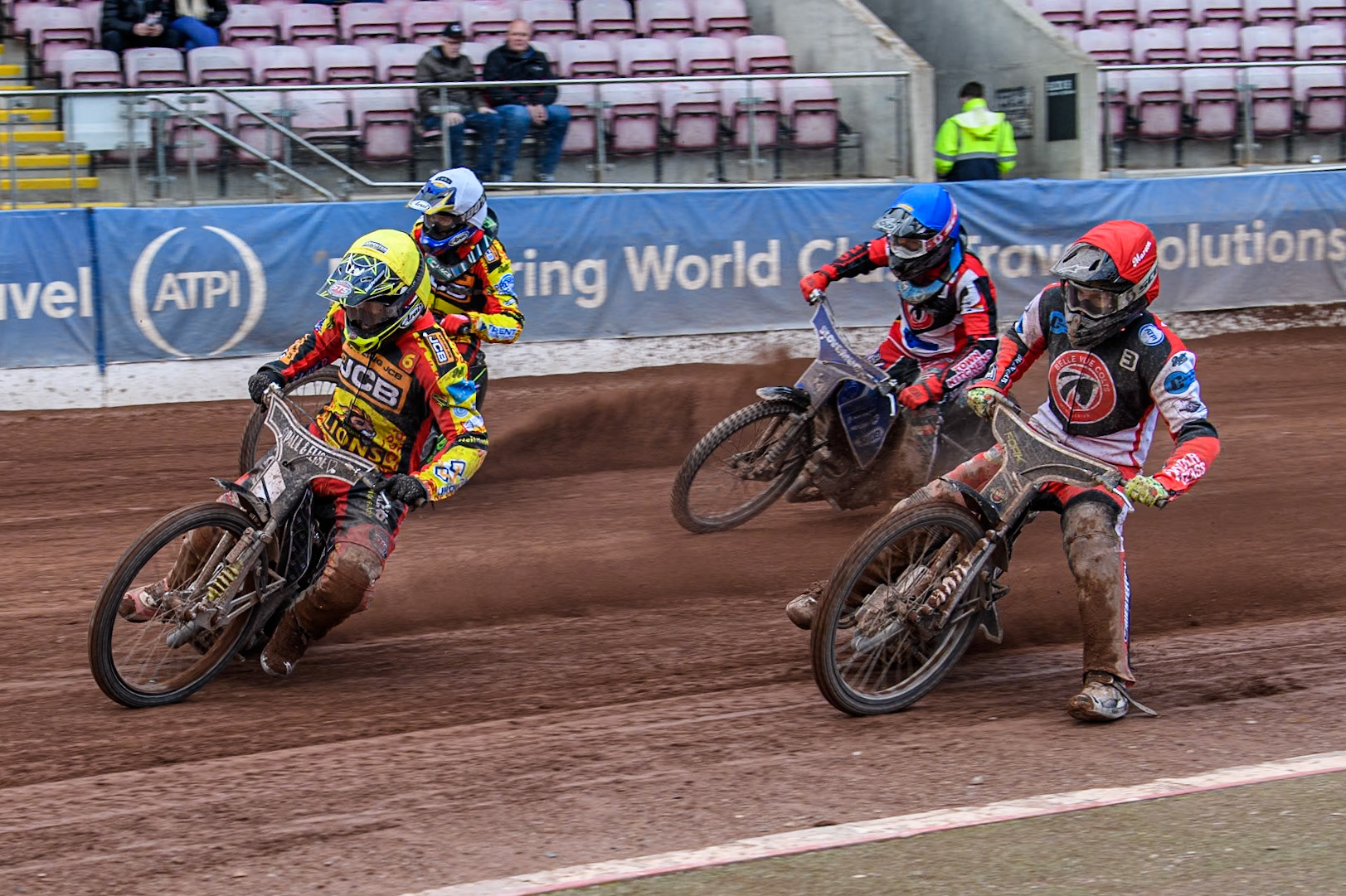 Leicester Lion Cubs' Luke Crang (Yellow) leads  Leicester Lion Cubs' Tom Spencer (White), Belle Vue Colts' Matt Marson (Red) and Belle Vue Colts' Harry McGurk (Blue) during the WSRA National Development League match between Belle Vue Colts and Leicester Lion Cubs at the National Speedway Stadium, Manchester on Friday 29th March 2024. (Photo: Ian Charles | MI News)