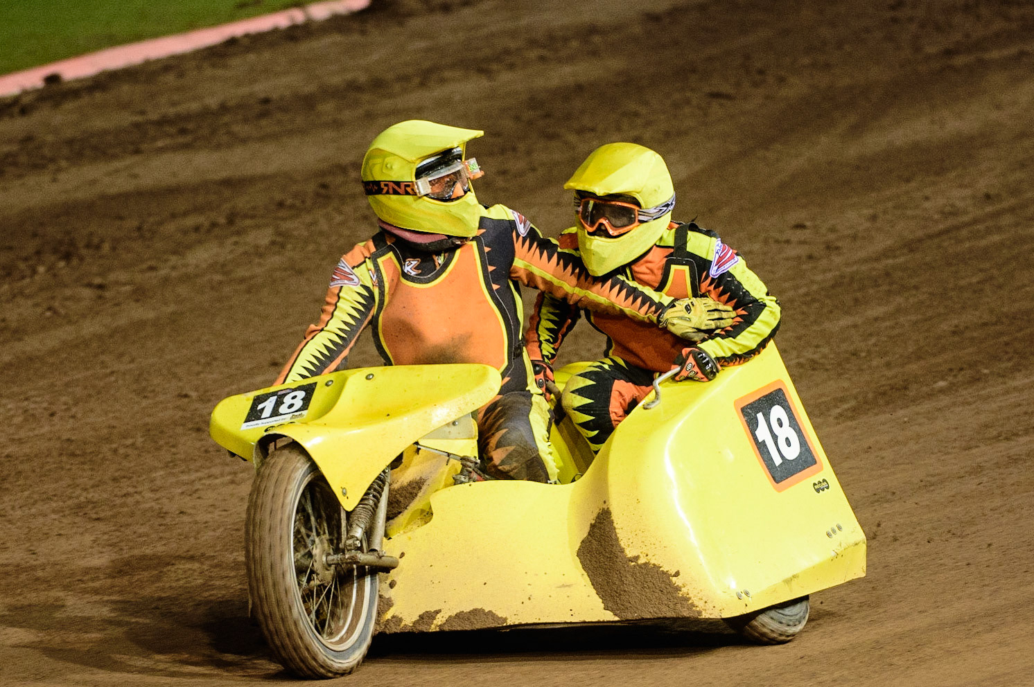 MANCHESTER, UK. OCT 30TH   Mick Stace &amp; Ryan Knowles  after their heat during the Manchester Masters Sidecar Speedway and Flat Track Racing at the National Speedway Stadium, Manchester on Saturday 30th October 2021. (Credit: Ian Charles | MI News)