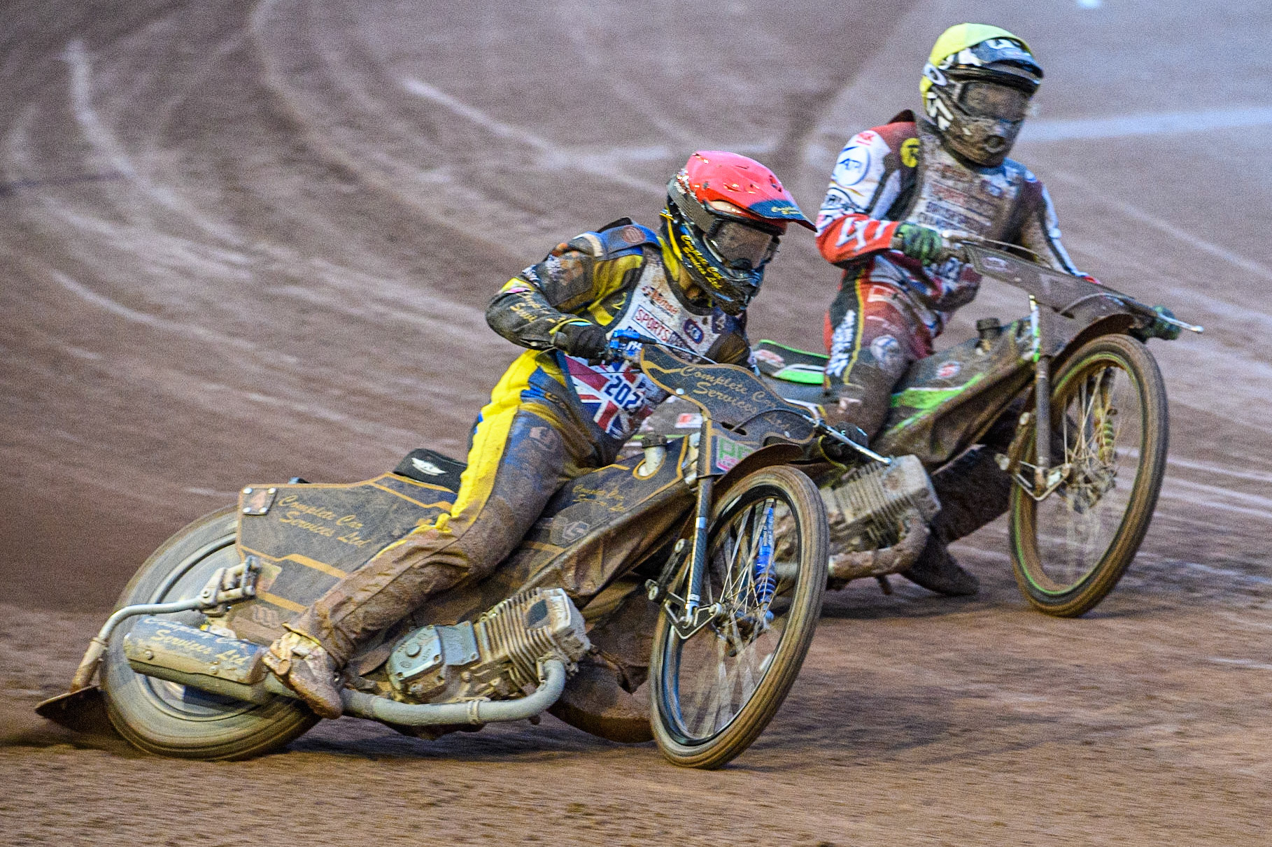 Kyle Howarth (Red) leads Charles Wright  (Yellow) during the Sports Insure British Speedway Final at the National Speedway Stadium, Manchester on Monday 14th August 2023. (Photo: Ian Charles | MI News)