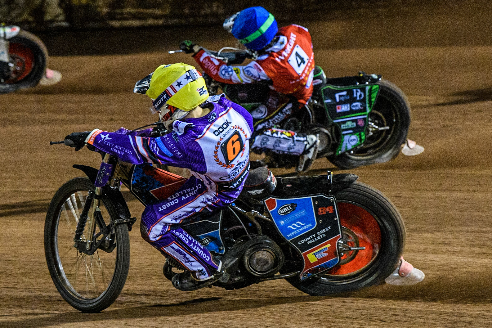 Ben Cook  (Yellow) inside Charles Wright  (Blue) during the SGB Premiership match between Belle Vue Aces and Peterborough at the National Speedway Stadium, Manchester on Monday 24th April 2023. (Photo: Ian Charles | MI News)