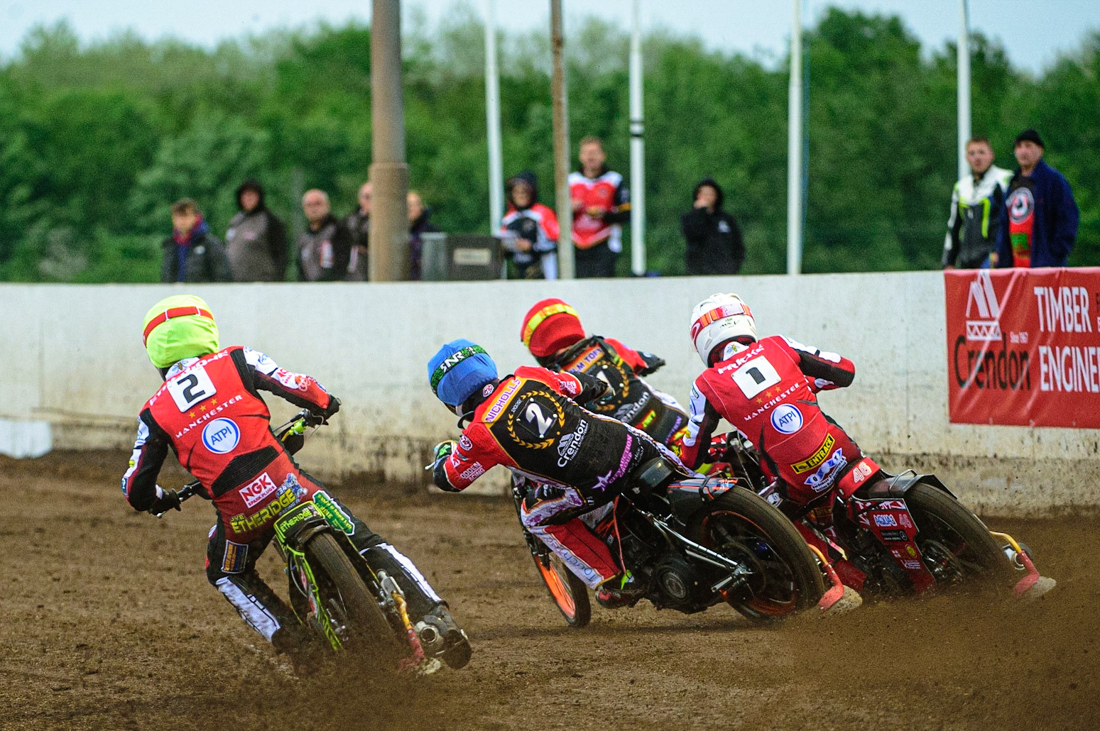 PETERBOROUGH, UK. MAY 9TH Jye Etheridge  (Yellow) chases Scott Nicholls  (Blue) Max Fricke  (White) and Michael Palm Toft  (Red)  during the SGB Premiership match between Peterborough Panthers and Belle Vue Aces at East of England Showground, Peterborough on Monday 9th May 2022. (Credit: Ian Charles | MI News)