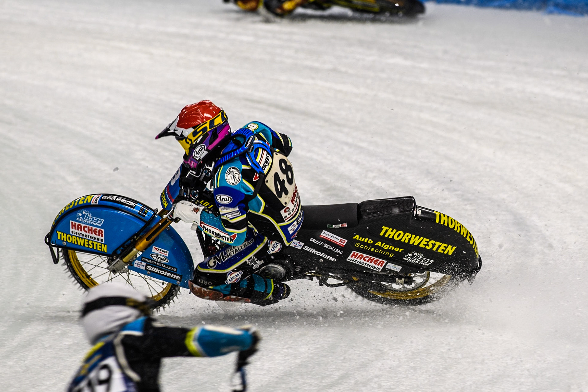 Luca Bauer (48) of Germany spins and leaves the track during the Ice Speedway Gladiators World Championship Final 1 at Max-Aicher-Arena, Inzell on Saturday 15th March 2025. (Photo: Ian Charles | MI News)