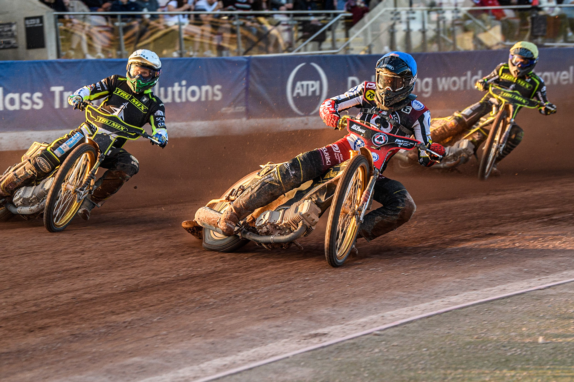 Norick Blodorn (Blue) passes Jason Doyle (White) with Ben Barker (Yellow) behind during the Sports Insure Premiership match between Belle Vue Aces and Ipswich Witches at the National Speedway Stadium, Manchester on Monday 5th June 2023. (Photo: Ian Charles | MI News)