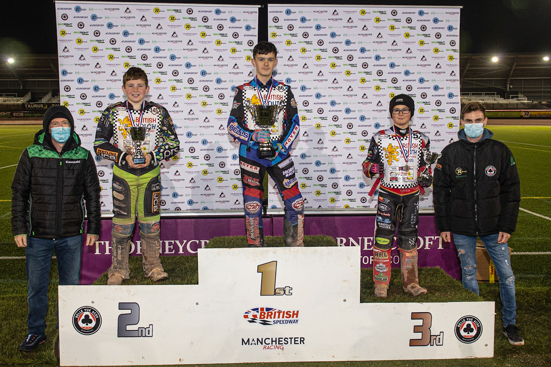 Photo: Ian Charles125cc Series Top 3:(l-r) Jason Crump, William Cairns (2nd), Sonny Spinger (1st), Max Perry (3rd), Steve Worrall British Youth Speedway Championship (Round 5), National Speedway Stadium, Manchester Saturday  10  October  2020