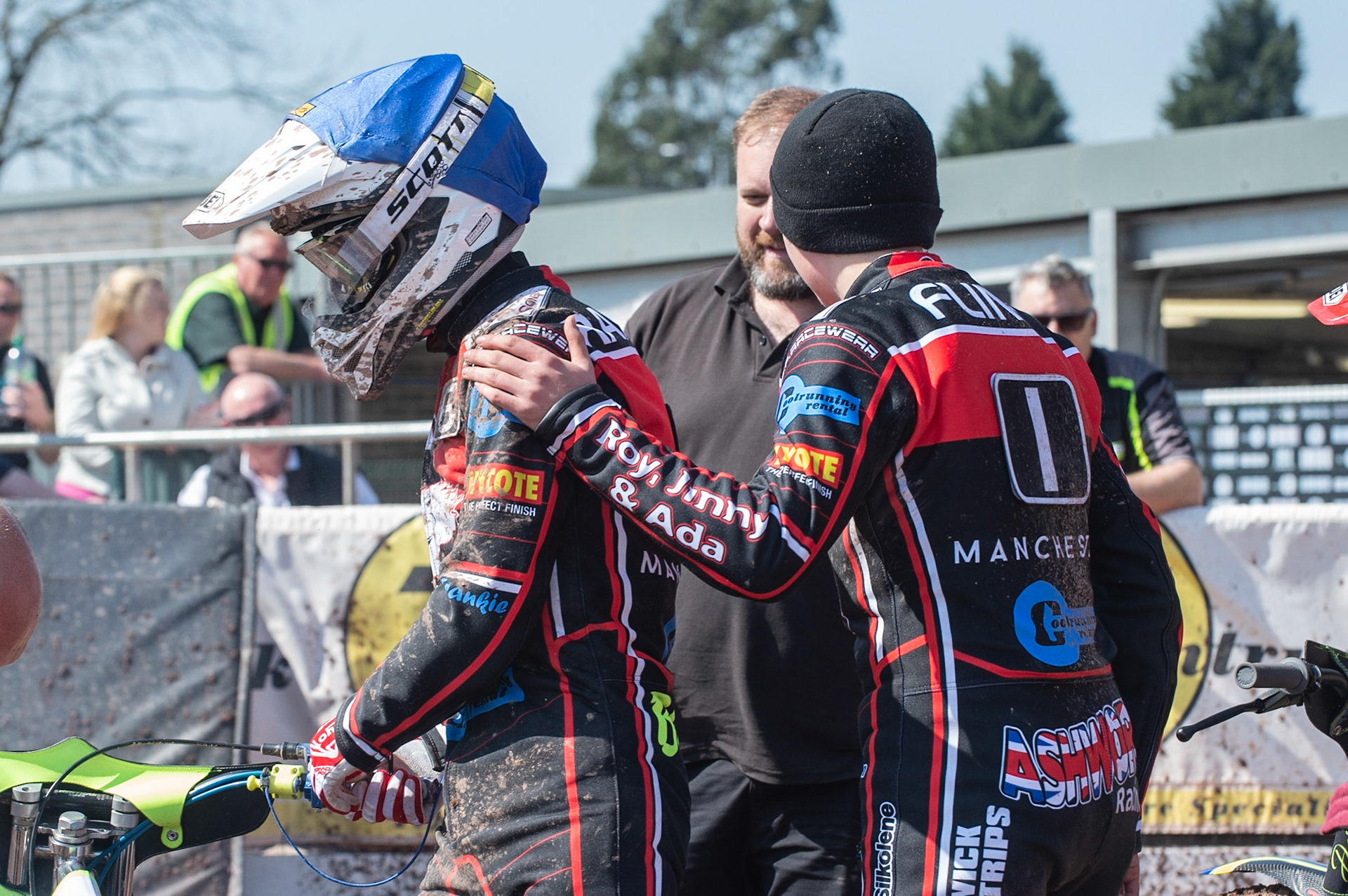 Photo: Ian Charles

Leon Flint (right) congratulates Kyle Bickley on his win 

Belle Vue Colts v Stoke Potters, National League, Belle Vue National Speedway Stadium, Manchester, Friday 19  April  2019