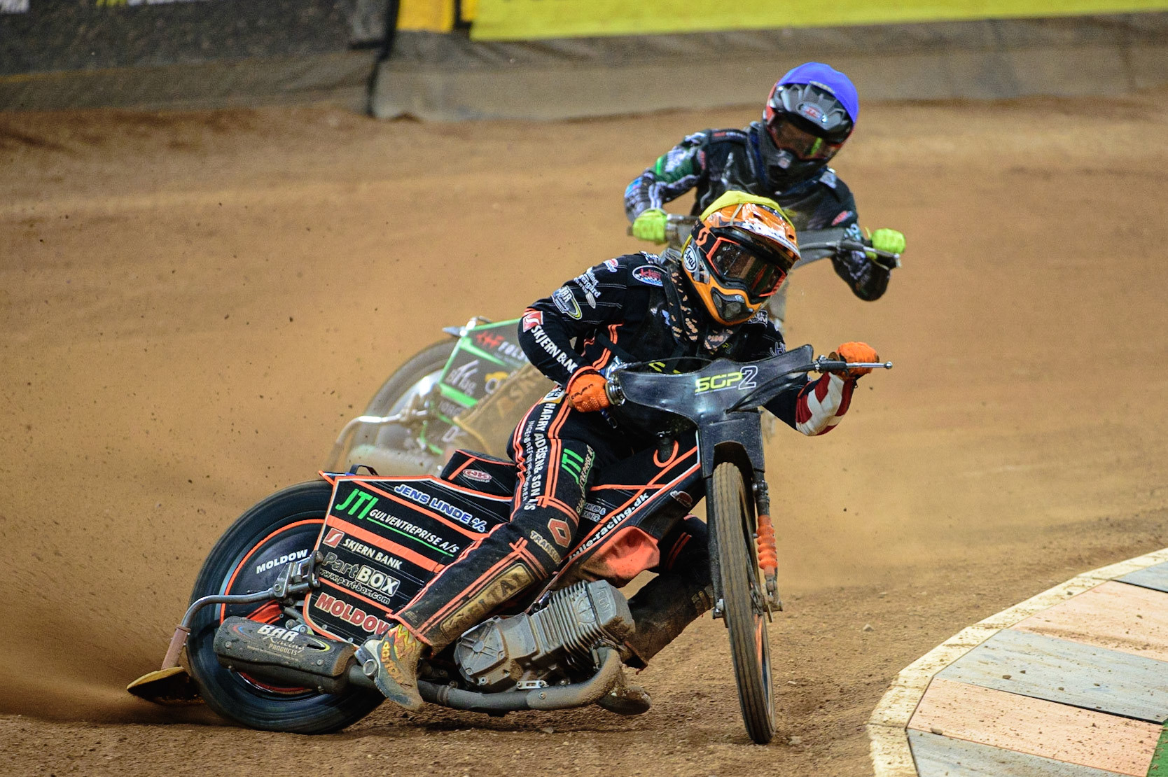Kevin Juhl Pedersen (Denmark)  (Yellow) leads Jonas Knudsen (Denmark)  (Blue) during the FIM  Speedway Grand Prix  2 of Great Britain at the Principality Stadium, Cardiff on Sunday 14th August 2022. (Credit: Ian Charles | MI News)