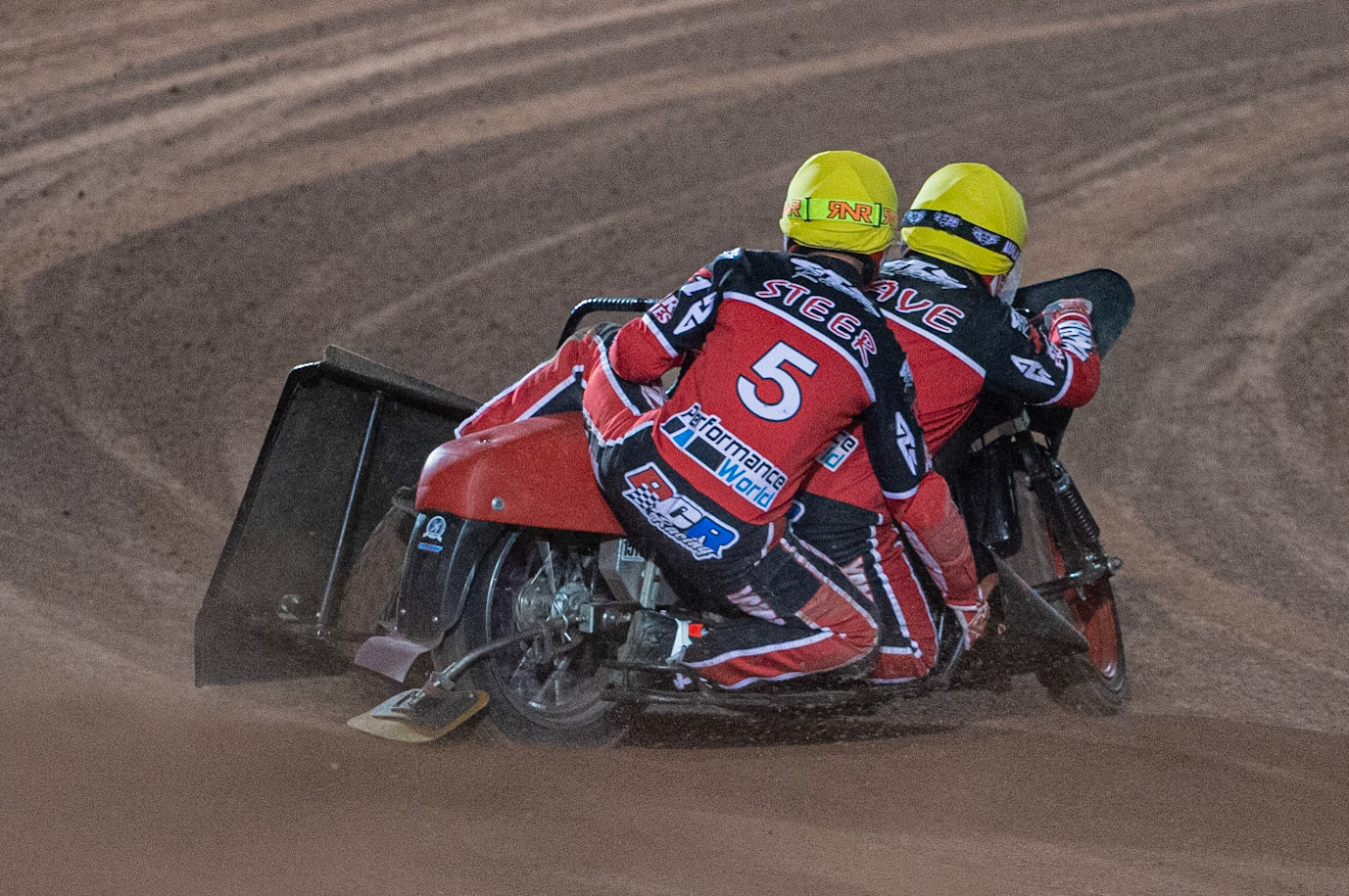 MANCHESTER, ENGLAND Mick Cave & Bradley Steer(5) in action during the  ACU Sidecar Speedway Manchester Masters,  Belle Vue National Speedway Stadium, Manchester Saturday 12 October 2019 (Credit: Ian Charles | MI News)