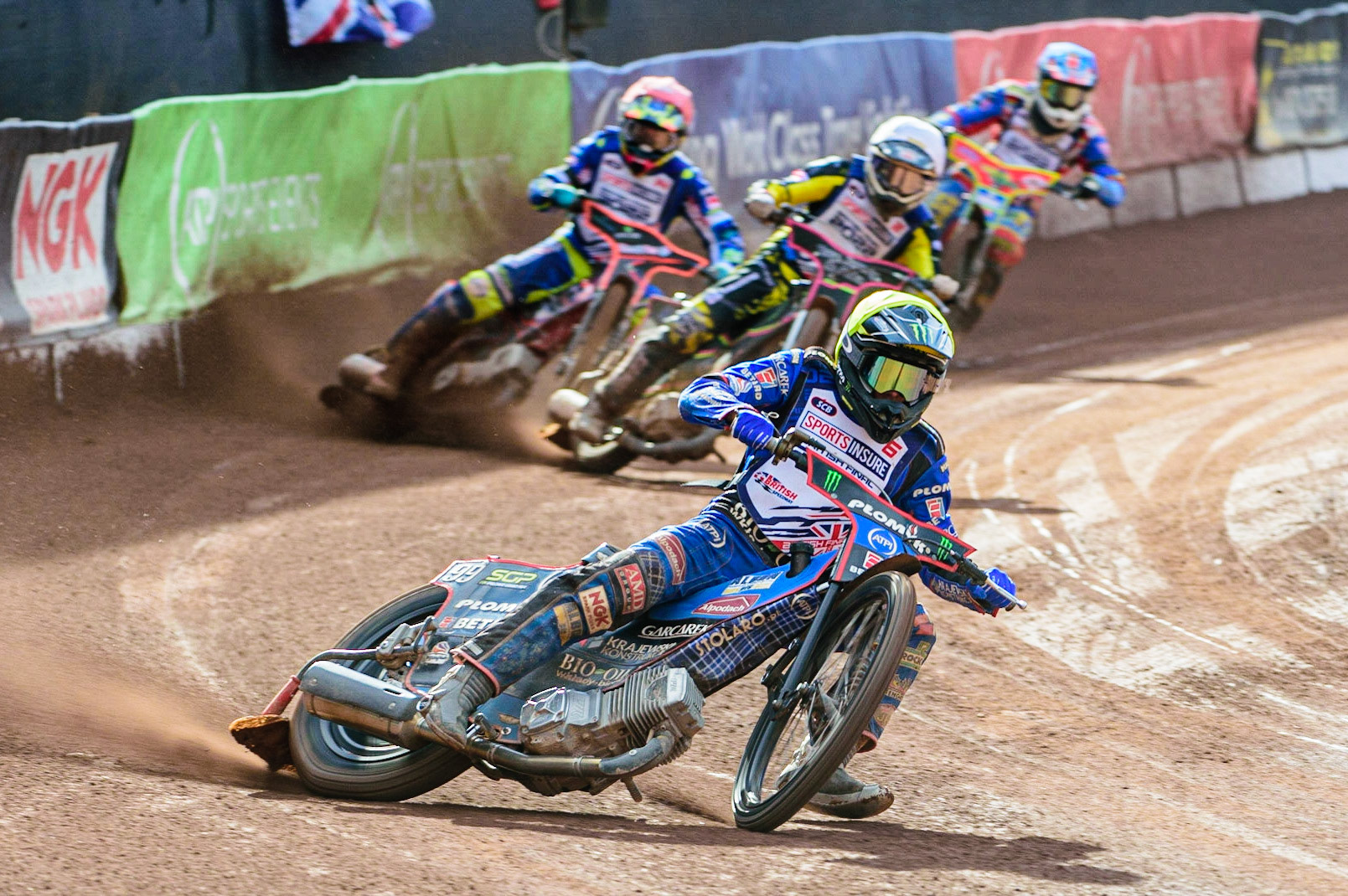 Dan Bewley  (Yellow) leads Leon Flint  (White), Scott Nicholls  (Red) and Simon Lambert (Blue) during the Sports Insure British Speedway Final, at the National Speedway Stadium, Manchester, on Sunday 18th September 2022. (Credit: Ian Charles | MI News )