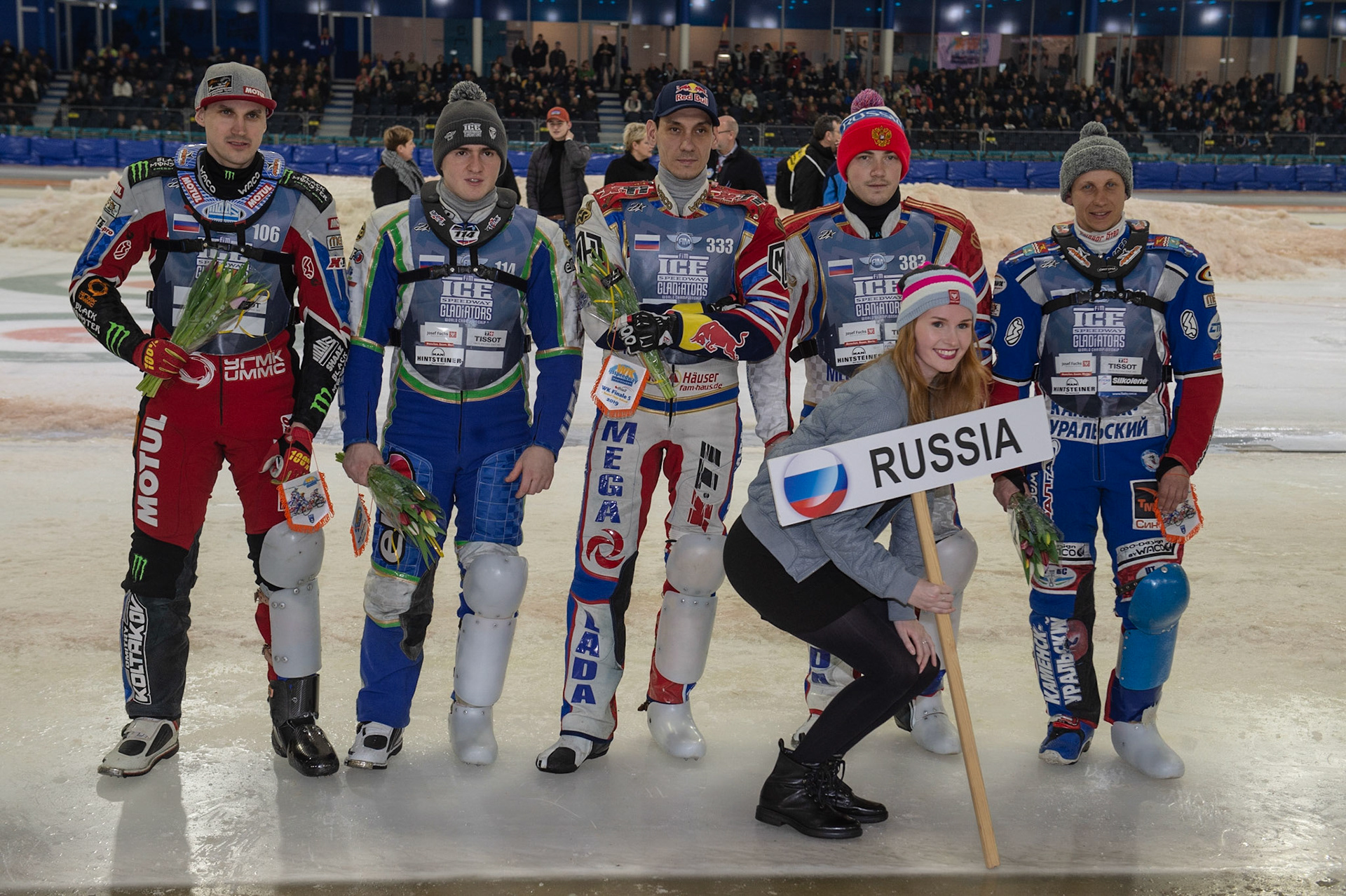 Photo: Ian Charles

Russian Riders (l-r) Dmitri Koltakov (106). Dinar Valeev (114), Danil Ivanov (333), Nikita Toloknov (383), Dmitri Khomitsevich (919)

FIM Ice Speedway Gladiators World Championship, Event 5.1, Ice Rink Thialf, Heerenveen, Netherlands Saturday  30  March  2019