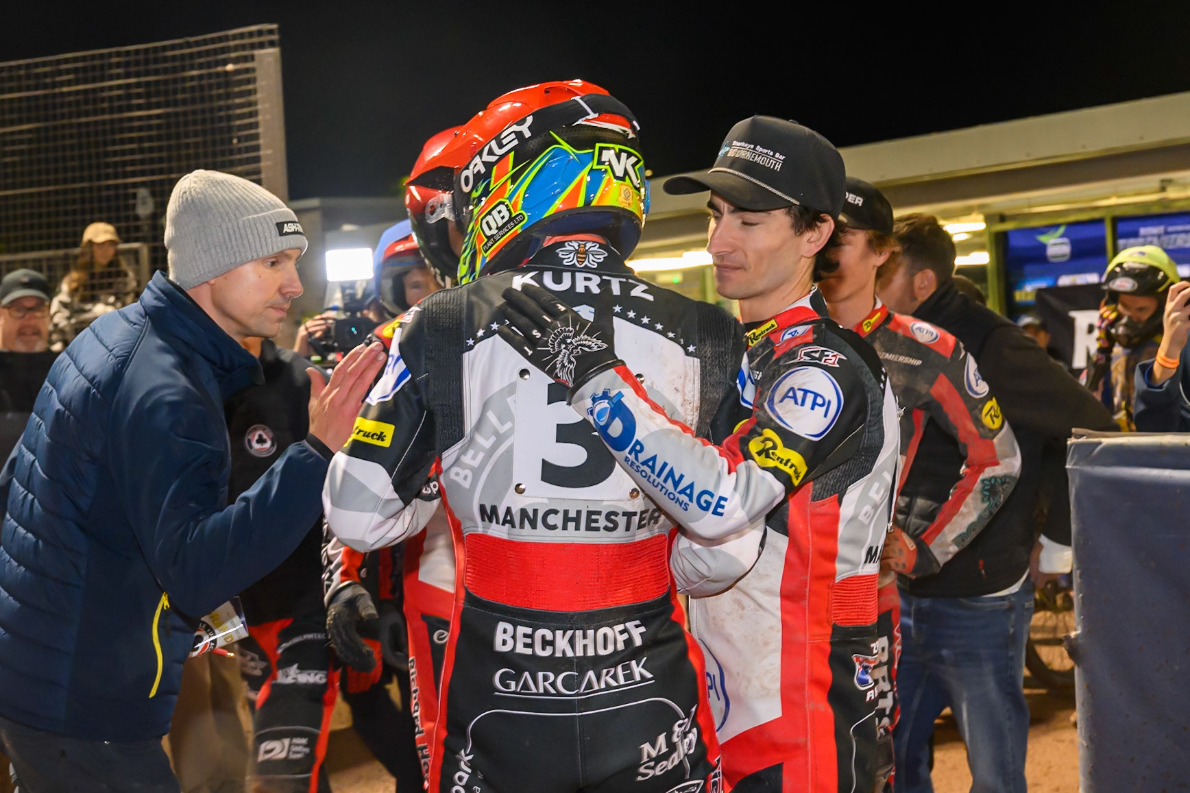 \bv3 is congratulated by his team mates during the Rowe Motor Oil Premiership Grand Final 2nd Leg between Belle Vue Aces and Sheffield Tigers at the National Speedway Stadium, Manchester on Friday 16th October 2026. (Photo: Ian Charles | MI News)