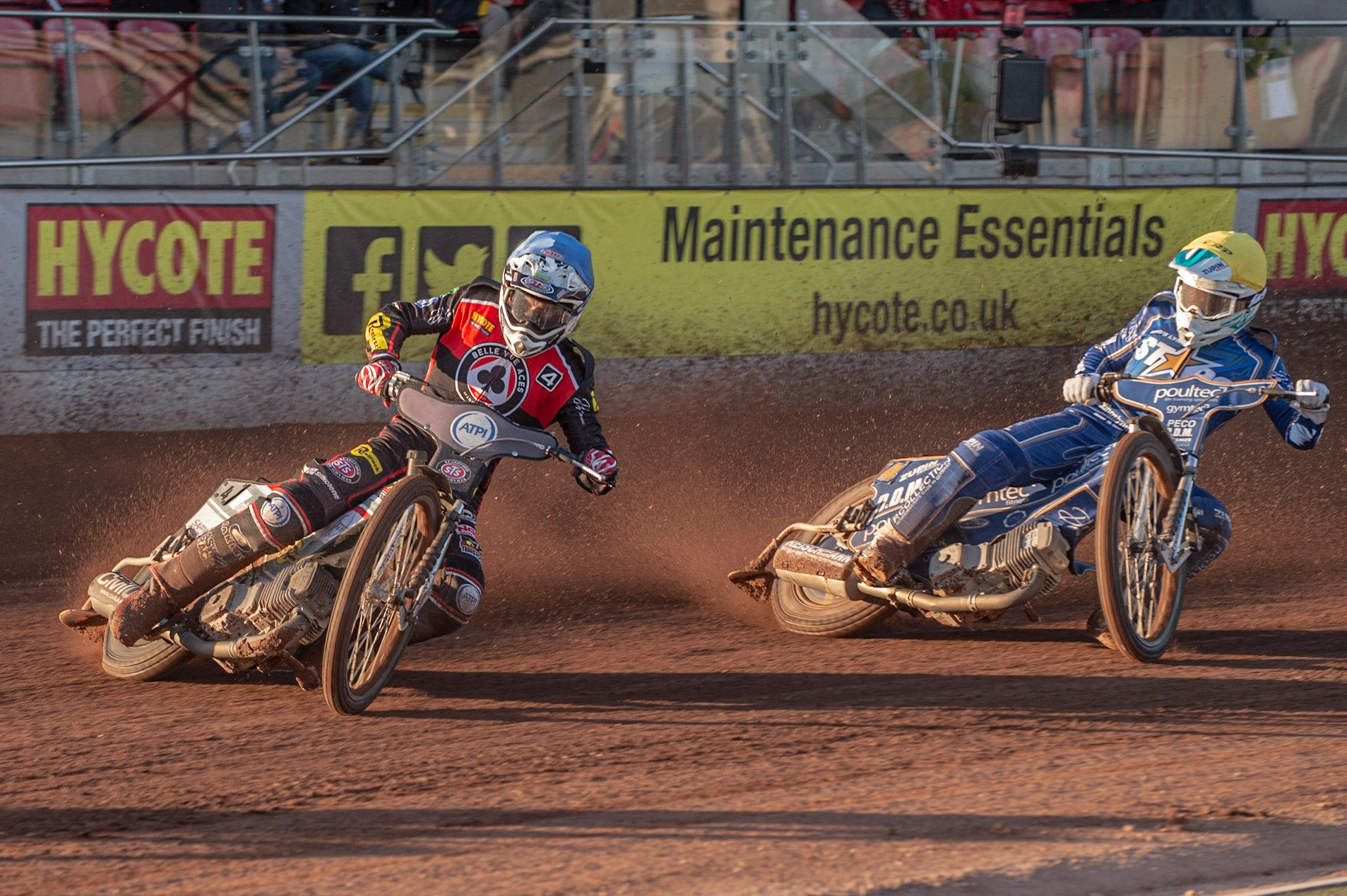 Photo: Ian Charles

​Steve Worrall​​  (Blue) leads ​Erik Riss​​  (Yellow)

Belle Vue Aces v Kings Lynn Stars, British Speedway Premiership, Belle Vue National Speedway Stadium, Manchester, Thursday 16  May  2019