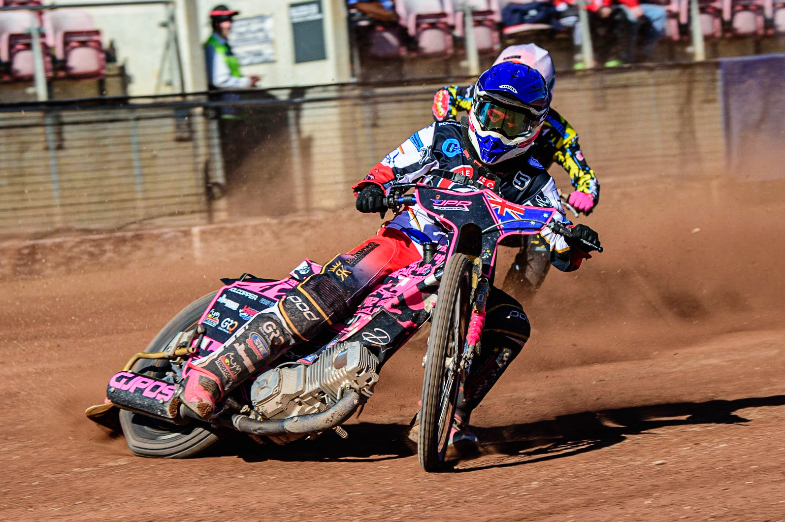 James Pearson   (Blue) leads Connor Coles  (White) during the National Development League match between Belle Vue Colts and Berwick Bullets at the National Speedway Stadium, Manchester on Friday 7th April 2023. (Photo: Ian Charles | MI News)