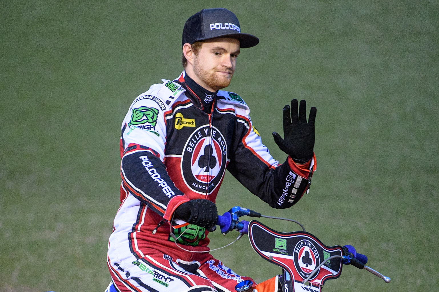 MANCHESTER, UK. SEPT 13TH  Brady Kurtz  on the pre match parade during the SGB Premiership match between Belle Vue Aces and King's Lynn Stars at the National Speedway Stadium, Manchester on Monday 13th September 2021. (Credit: Ian Charles | MI News)