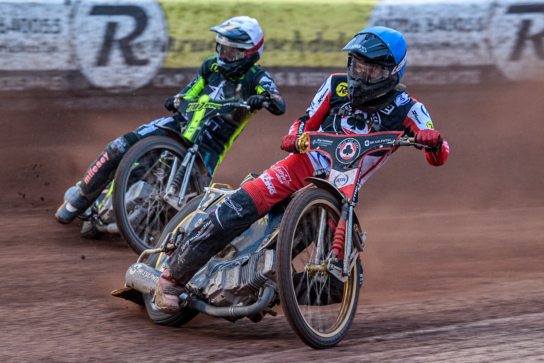 Belle Vue Aces' Norick Blodorn  in Blue leading Ipswich Witches' Danny King in White during the Rowe Motor Oil Premiership match between Belle Vue Aces and Ipswich Witches at the National Speedway Stadium, Manchester on Monday 1st July 2024. (Photo: Ian Charles | MI News)