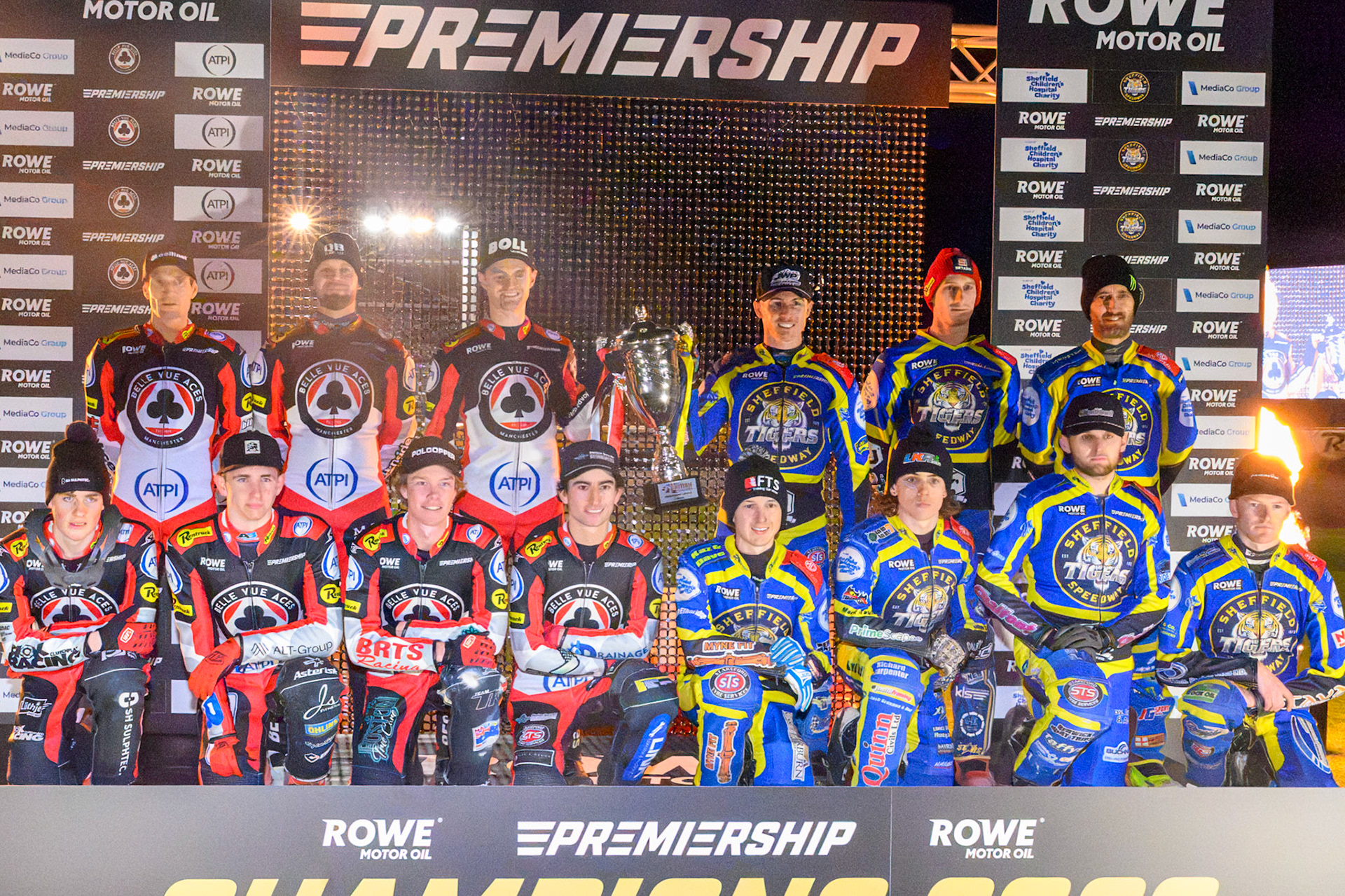The teams live up before the meeting during the Rowe Motor Oil Premiership Grand Final 2nd Leg between Belle Vue Aces and Sheffield Tigers at the National Speedway Stadium, Manchester on Friday 16th October 2026. (Photo: Ian Charles | MI News)