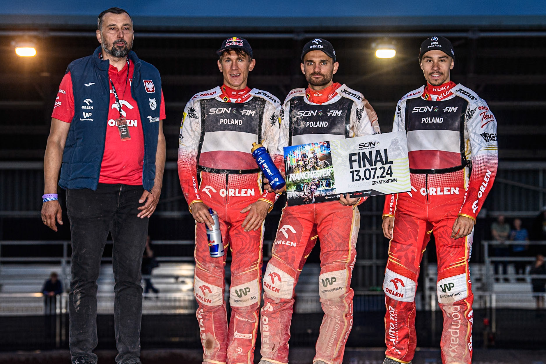 Poland with their second place ticket to the final: (L to R) Team manager, Rafal Dobrucki, Maciej Janowski, Bartosz Zmarzlik and Dominik Kubera during the Monster Energy FIM Speedway of Nations Semi-Final 1 at the National Speedway Stadium, Manchester on Tuesday 9th July 2024. (Photo: Ian Charles | MI News)