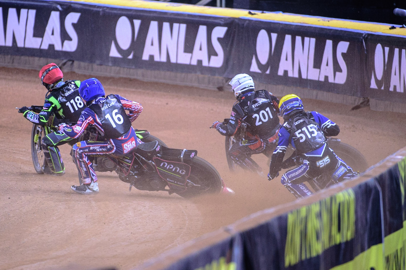 118\ (Red) leads Leon Flint (Great Britain)  (Blue), Jan Kvech (Czech Republic)  (White) and Jakub Miskowiak (Poland) (Yellow) during the FIM  Speedway Grand Prix  2 of Great Britain at the Principality Stadium, Cardiff on Sunday 14th August 2022. (Credit: Ian Charles | MI News)