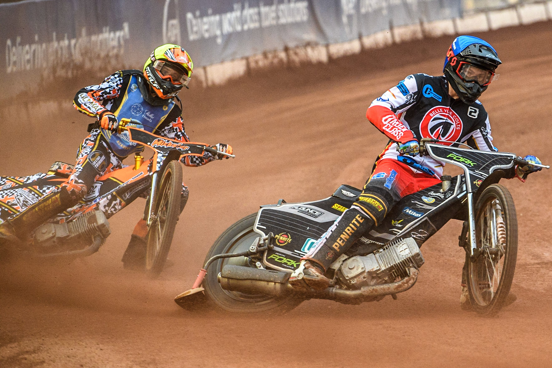 Matt Marson (Blue) leads Mickie Simpson (Yellow) during the National Development League match between Belle Vue Colts and Edinburgh Monarchs Academy at the National Speedway Stadium, Manchester on Friday 21st July 2023. (Photo: Ian Charles | MI News)
