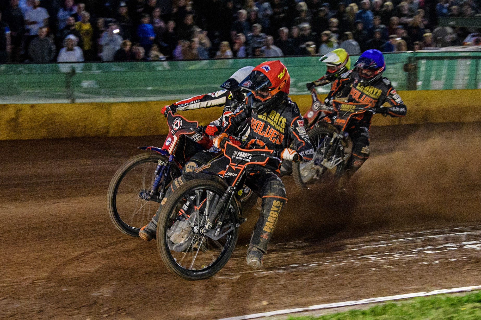 Sam Masters (Red) inside Brady Kurtz (White), Steve Worrall (Blue) and Dan Bewley (Yellow) during the Sports Insure Premiership match between Wolverhampton Wolves and Belle Vue Aces at Monmore Green Stadium, Wolverhampton on Monday 29th May 2023. (Photo: Ian Charles | MI News)