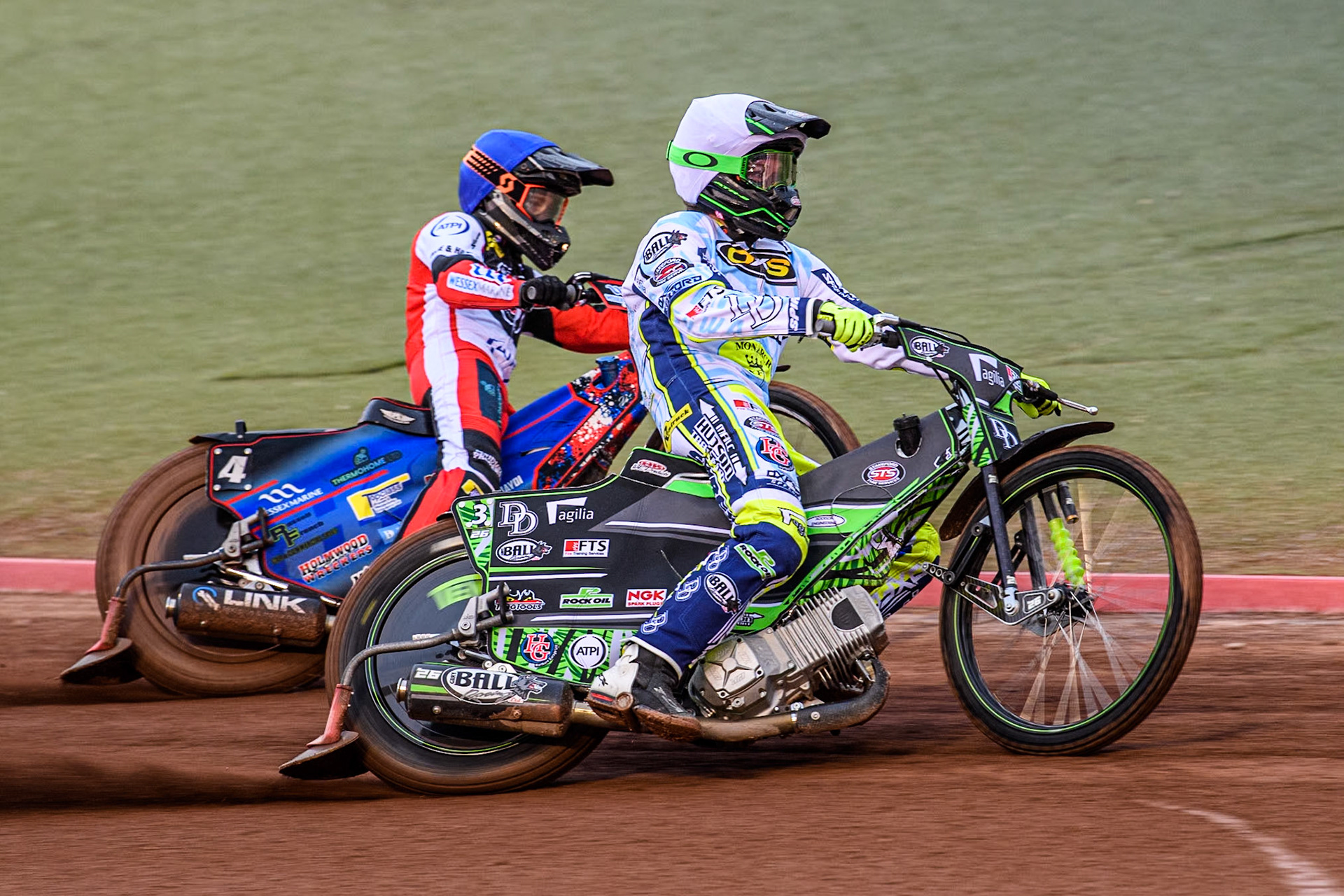 Oxford Spires' Charles Wright in White leading Belle Vue Aces' Ben Cook in Blue during the Rowe Motor Oil Premiership match between Belle Vue Aces and Oxford Spires at the National Speedway Stadium, Manchester on Monday 13th May 2024. (Photo: Ian Charles | MI News)