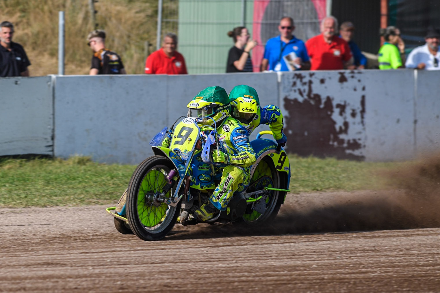 Mitch Goddard &amp; Paul Smith (9) of Great Britain in action during the FIM Long Track World Championship Final 5 at the Speed Centre Roden, Roden, Netherlands on Sunday 22nd September 2024. (Photo: Ian Charles | MI News)