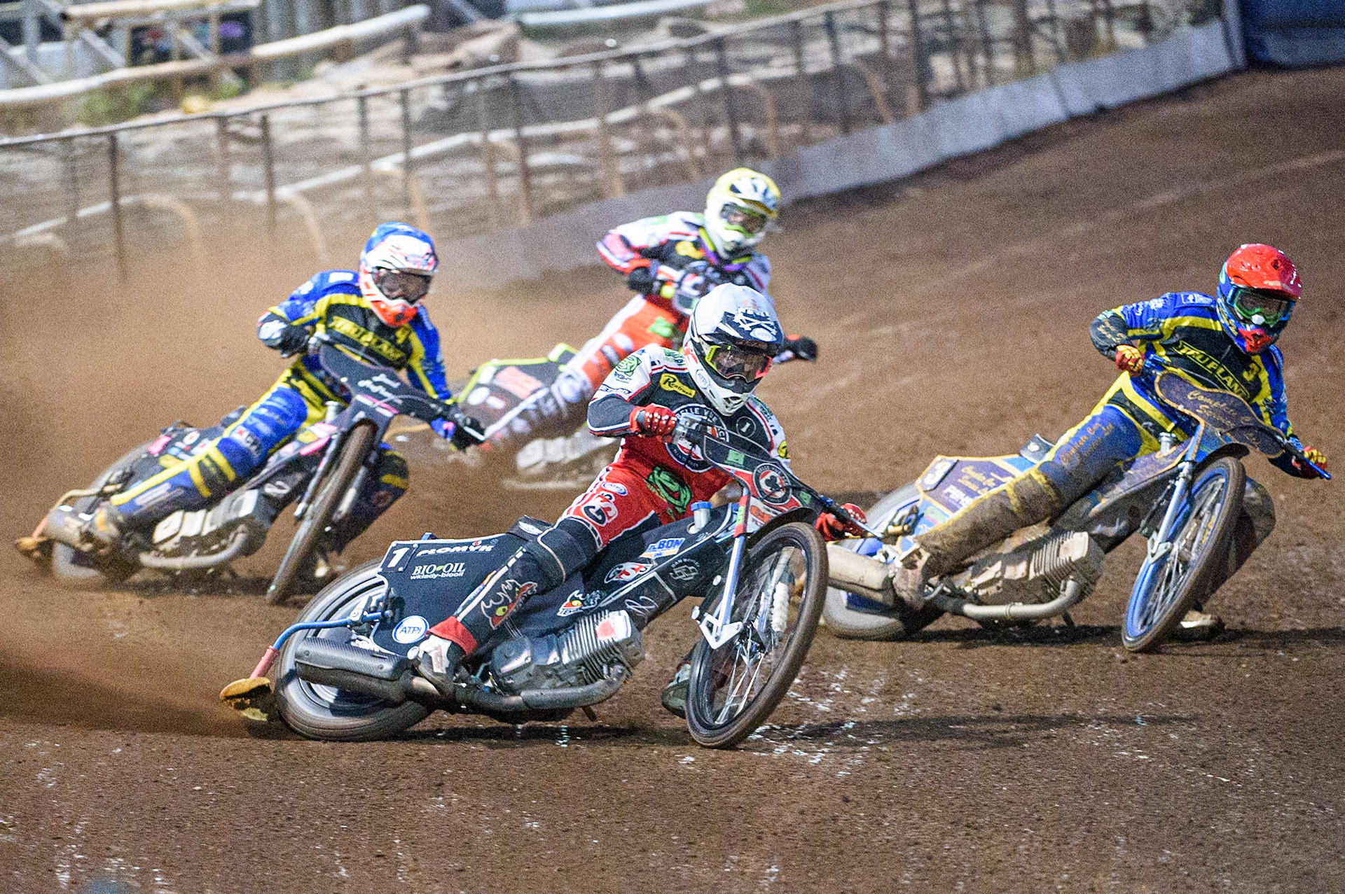 SHEFFIELD, UK. AUG 2NDDan Bewley  (White) leads Kyle Howarth  (Red)Josh Pickering   (Blue) and Tom Brennan  (Yellow) during the SGB Premiership match between Sheffield Tigers and Belle Vue Aces at Owlerton Stadium, Sheffield on Thursday 2nd September 2021. (Credit: Ian Charles | MI News)