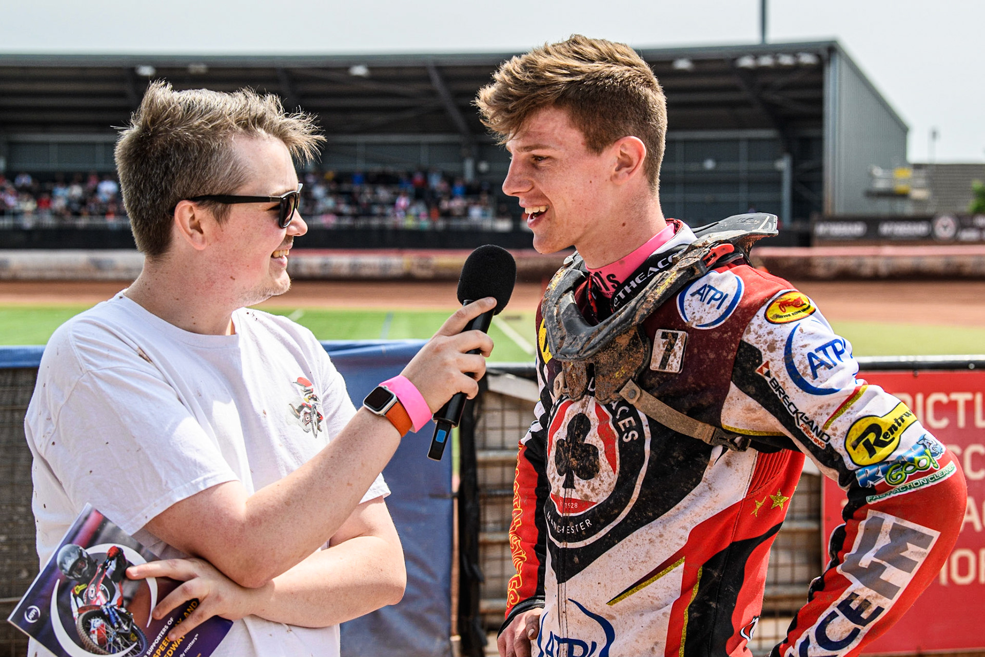 Jake Mulford (right) is interviewed by pits reporter Lee Wild during the Sports Insure Premiership match between Belle Vue Aces and Wolverhampton Wolves at the National Speedway Stadium, Manchester on Monday 29th May 2023. (Photo: Ian Charles | MI News)