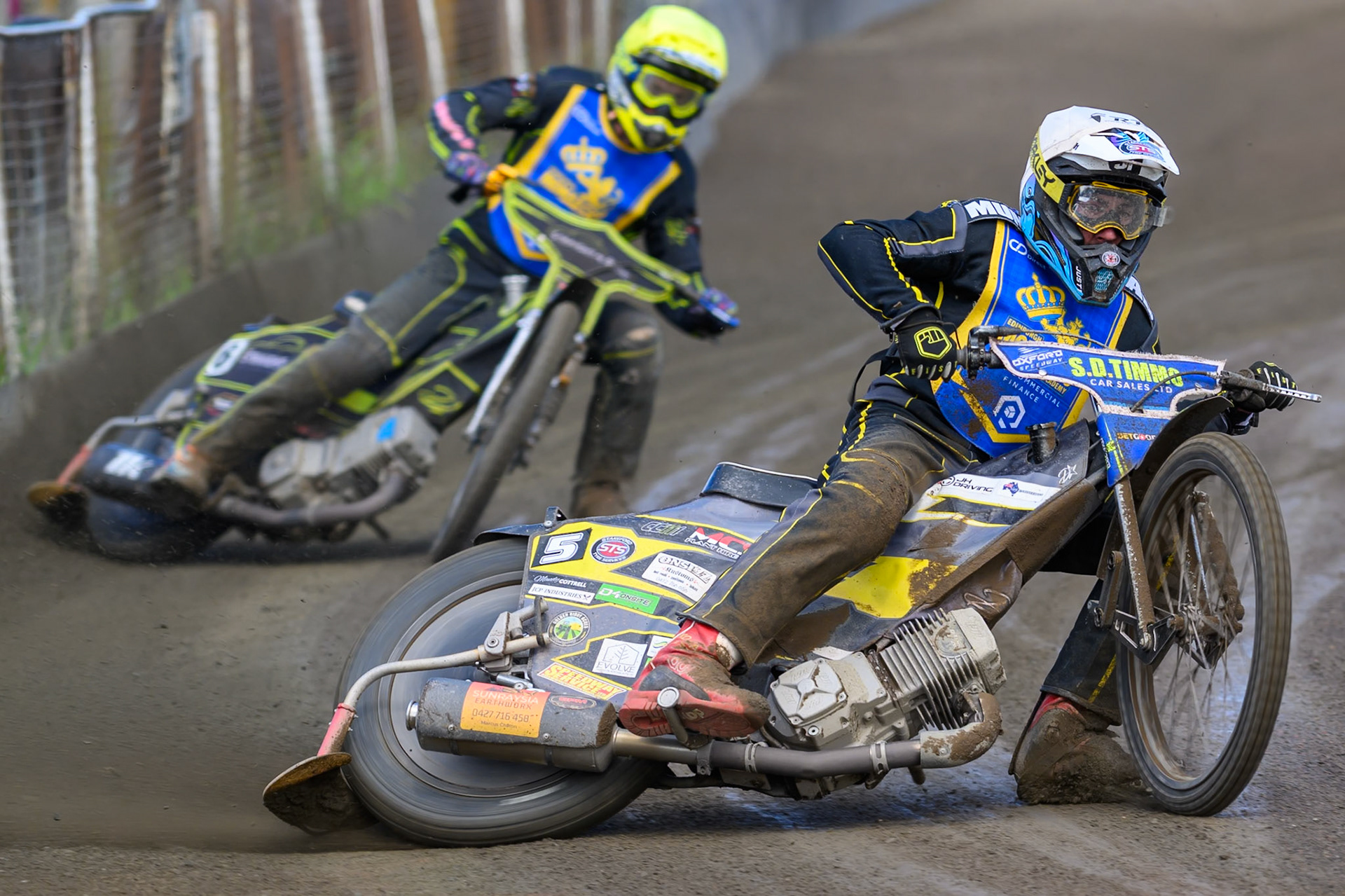 Dayle Wood of Edinburgh Monarchs Academy in White leading team mate Ben Whalley of Edinburgh Monarchs Academy in Yellow during the WSRA National Development League match between Buxton Bulls and Edinburgh Monarchs Academy at Hi-Edge Speedway, Buxton on Sunday 14th June 2026. (Photo: Ian Charles | MI News)
