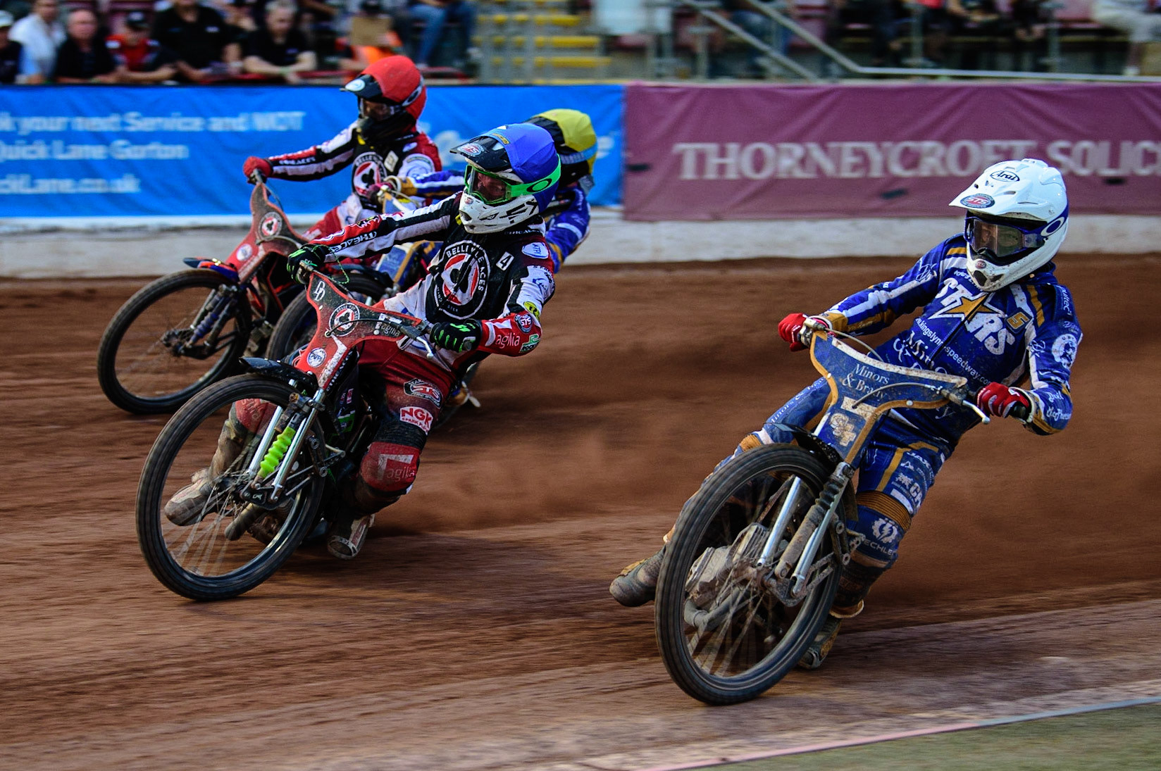 MANCHESTER UK  Josh Pickering  (White) inside Charles Wright (Blue) Thomas Jorgensen  (Yellow) and Brady Kurtz  (Red) during the SGB Premiership match between Belle Vue Aces and King's Lynn Stars at the National Speedway Stadium, Manchester on Monday 11th July 2022. (Credit: Ian Charles | MI News)