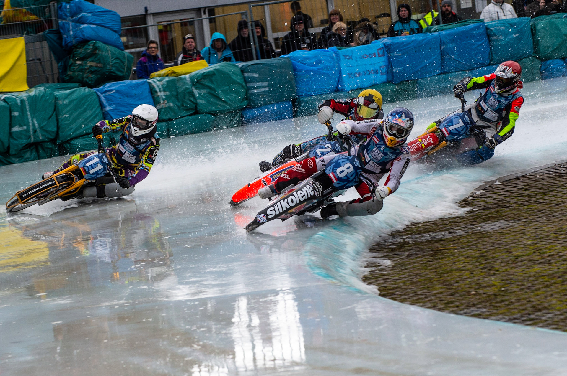 BERLIN GERMANY  - March 1  Franky Zorn (Blue)of Austria leads Max Neidermaier (White) Johan Weber (Yellow) and Harald Simon (Red) into the first turn  during the Ice Speedway of Nations at the Horst-Dohm-Eisstadion, Berlin,  on Sunday 1 March 2020. (Credit: Ian Charles | MI News)
