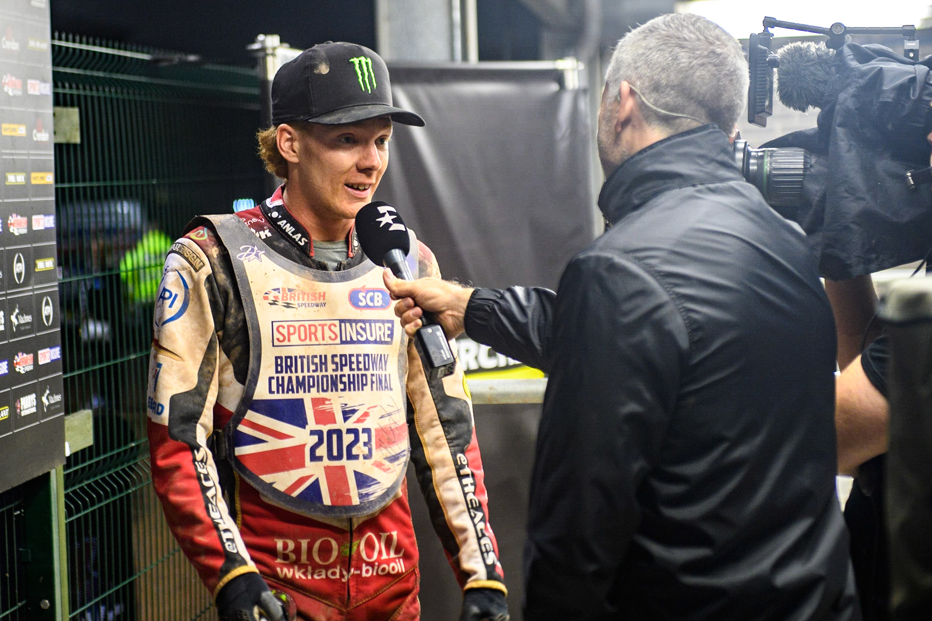 Dan Bewley gives an interview to Eurosport after retaining his British Championship title during the Sports Insure British Speedway Final at the National Speedway Stadium, Manchester on Monday 14th August 2023. (Photo: Ian Charles | MI News)
