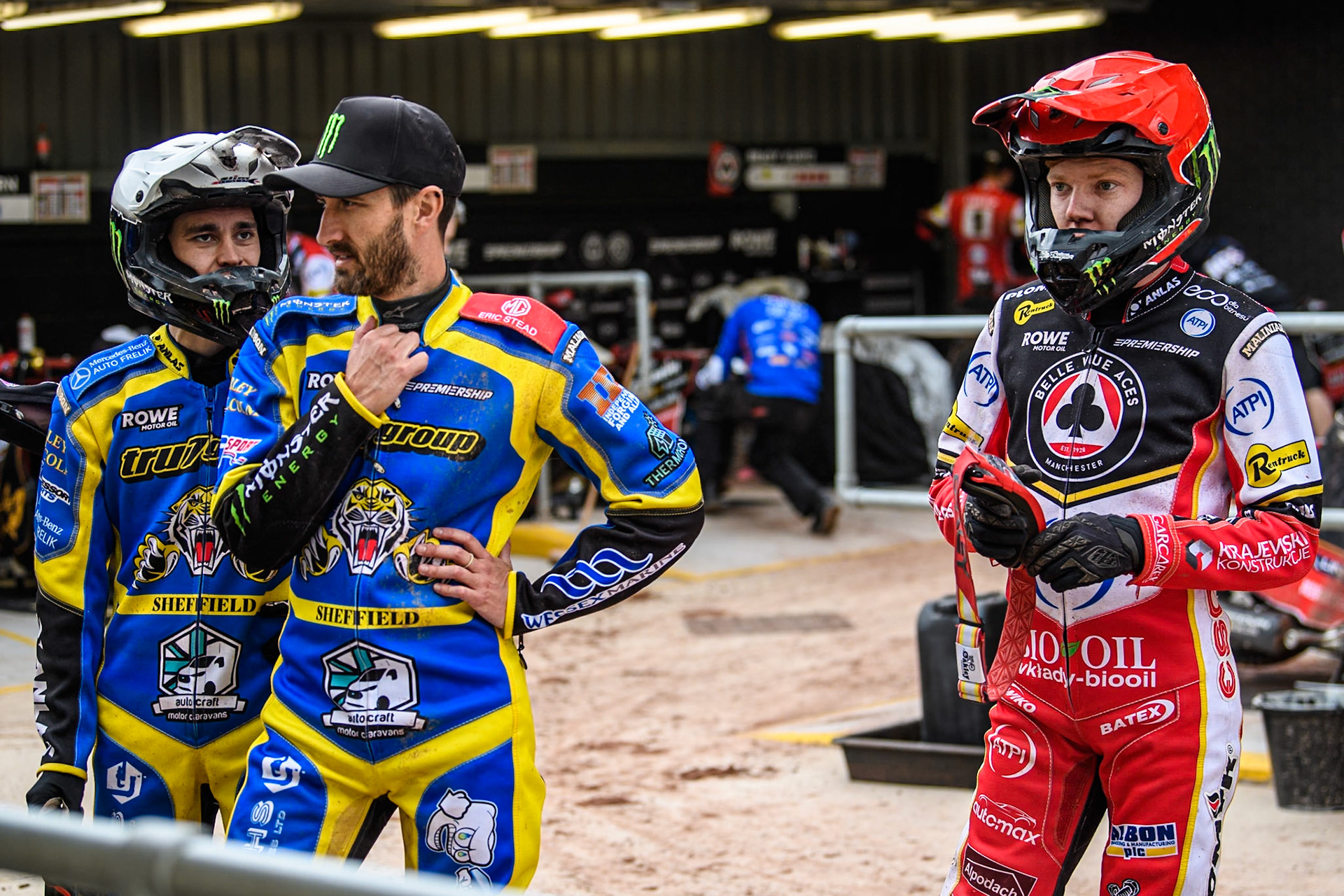 (L to R) Jack Holder of Sheffield Tigers, Josh Pickering of Sheffield Tigers and Dan Bewley of Belle Vue Aces watch the TV replay during the Rowe Motor Oil Premiership match between Belle Vue Aces and Sheffield Tigers at the National Speedway Stadium, Manchester on Monday 5th May 2025. (Photo: Ian Charles | MI News)