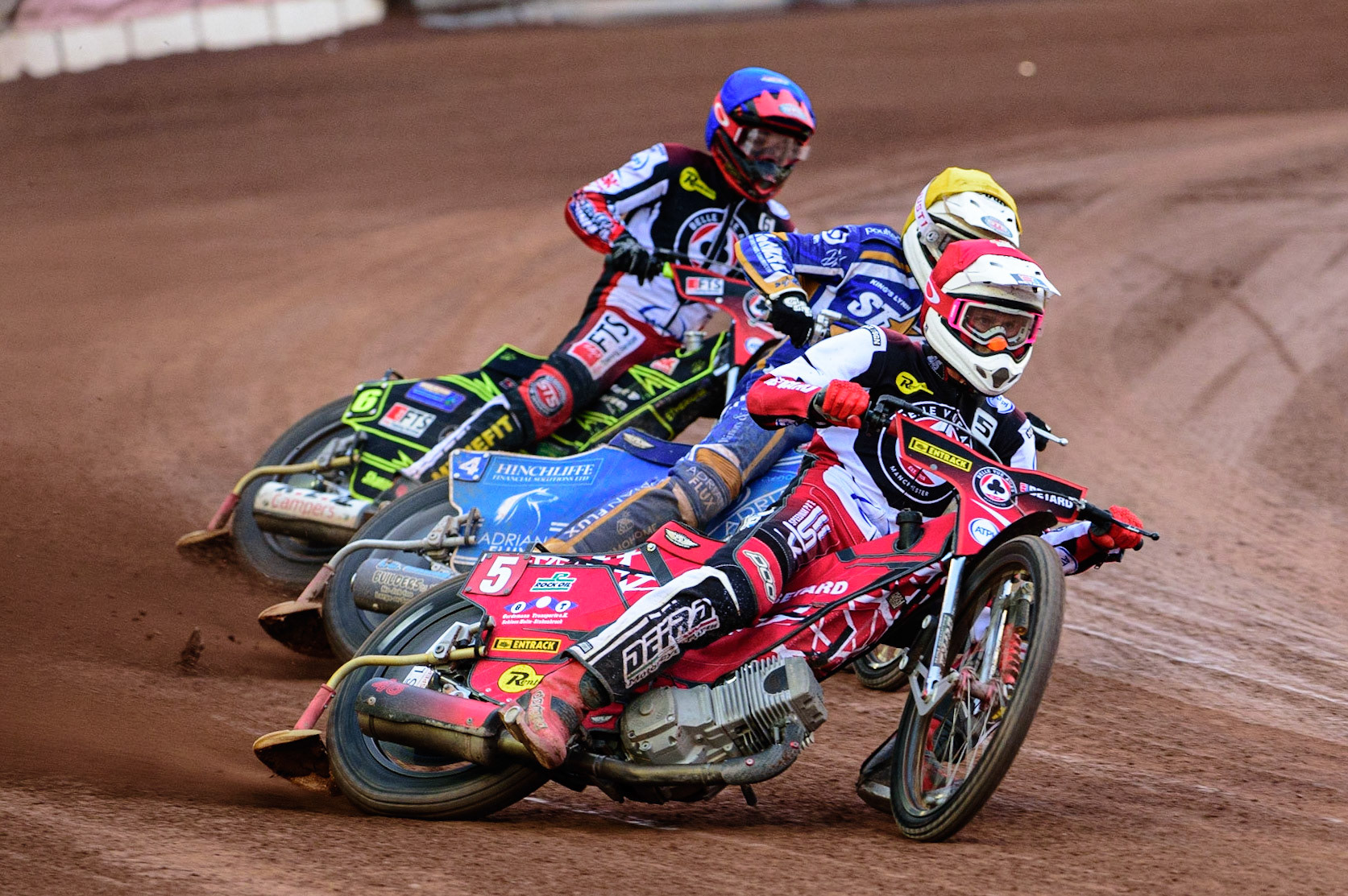 MANCHESTER UK  Max Fricke  (Red) leads Lewis Kerr  (Yellow) and Jye Etheridge  (Blue) during the SGB Premiership match between Belle Vue Aces and King's Lynn Stars at the National Speedway Stadium, Manchester on Monday 11th July 2022. (Credit: Ian Charles | MI News)