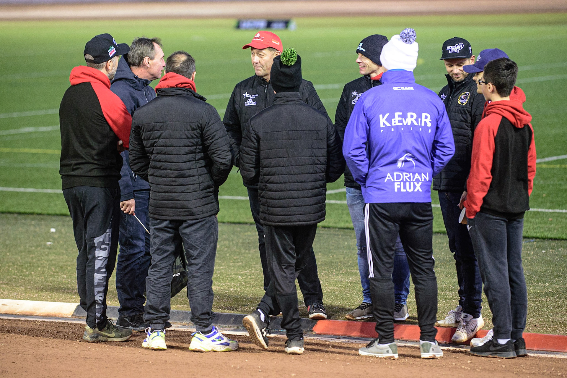 MANCHESTER, UK. OCT 11TH  Peterborough Crendon Panthers  team meeting during the SGB Premiership Grand Final 1st Leg between Belle Vue Aces and Peterborough Panthers at the National Speedway Stadium, Manchester on Monday 11th October 2021. (Credit: Ian Charles | MI News)