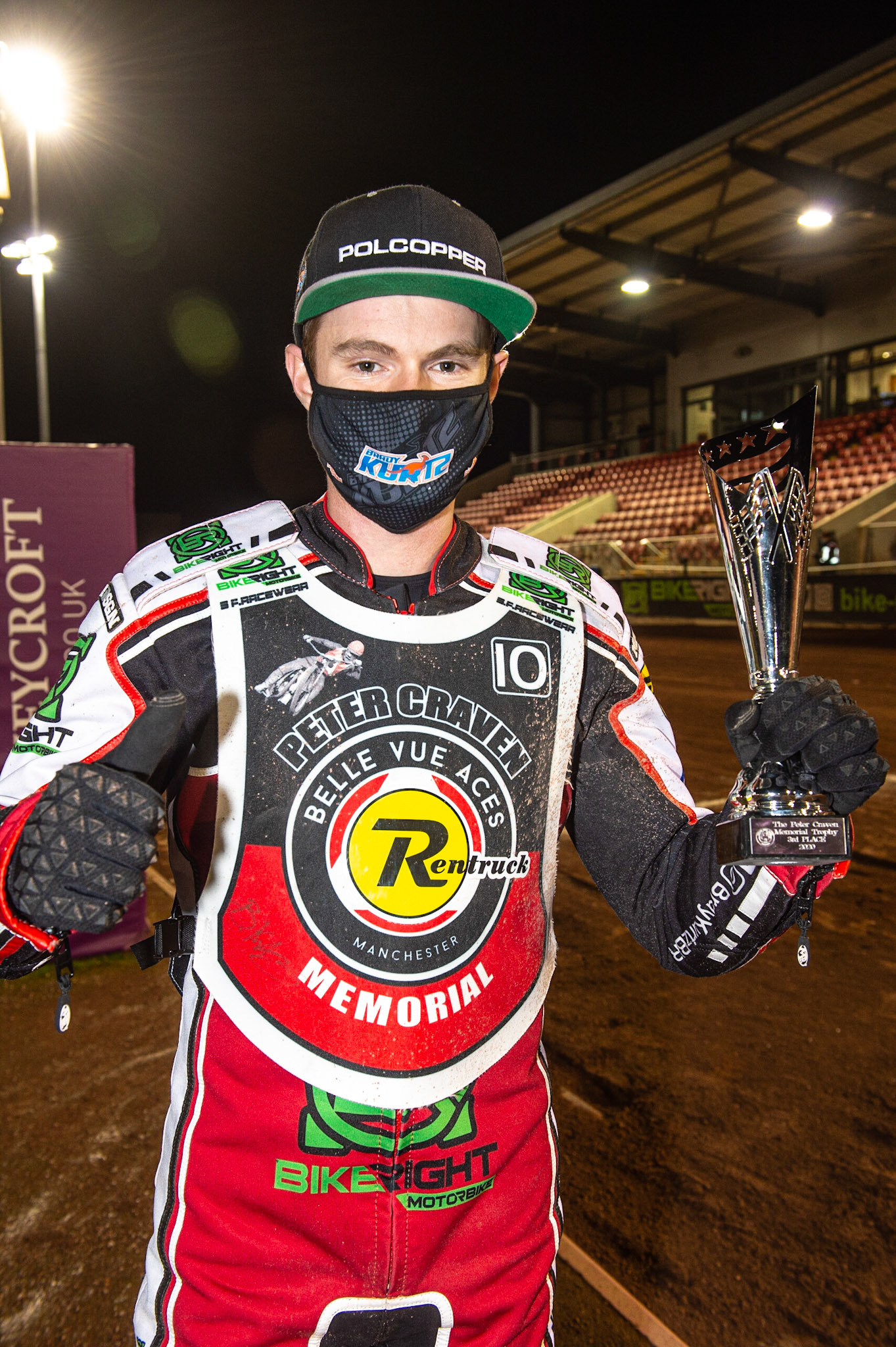 Photo: Ian CharlesBrady Kurtz with his third place trophyPeter Craven Memorial Trophy, National Speedway Stadium, Manchester Thursday  22  October  2020